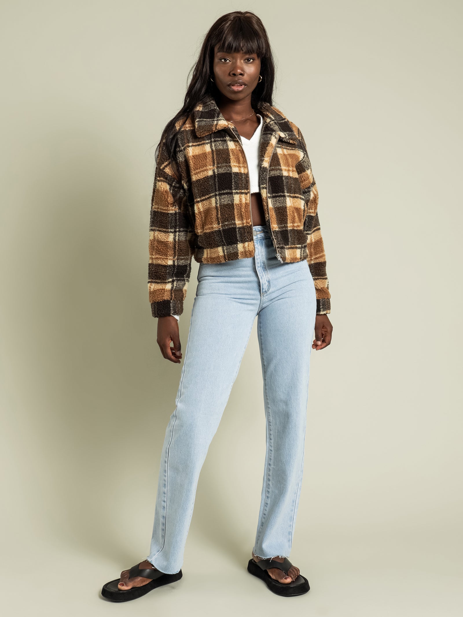 Beyond her Asha Plaid Teddy Jacket in Tan Tan plaid | Glue Store