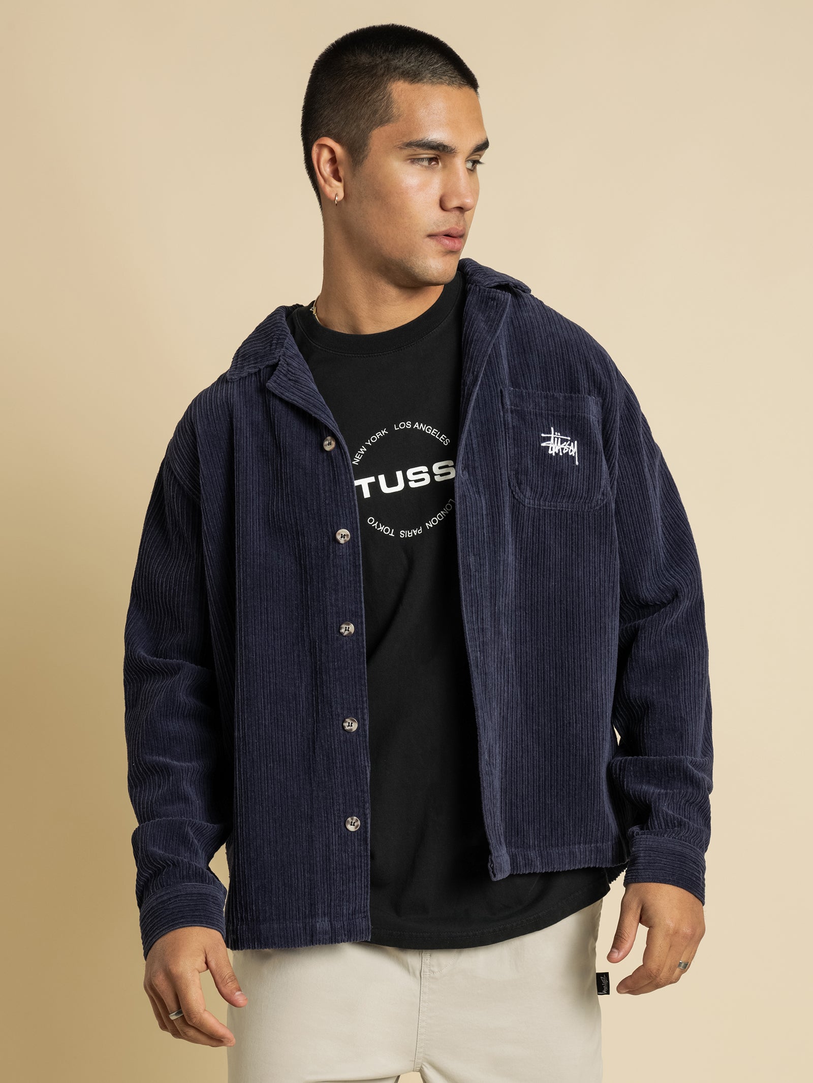 Murphy Corduroy Long Sleeve Button Up in Navy