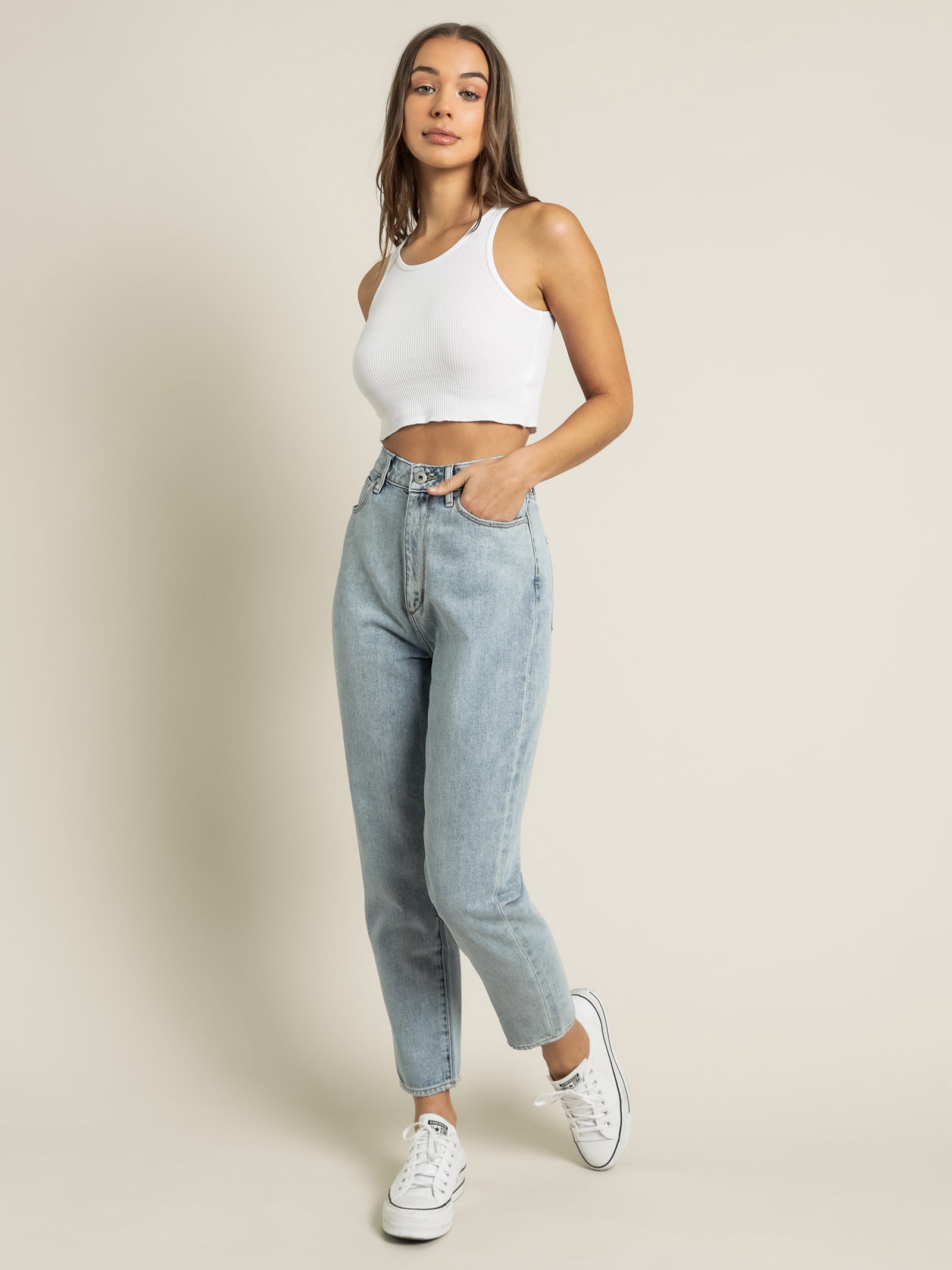 Drew Mom Jeans in Aura Blue