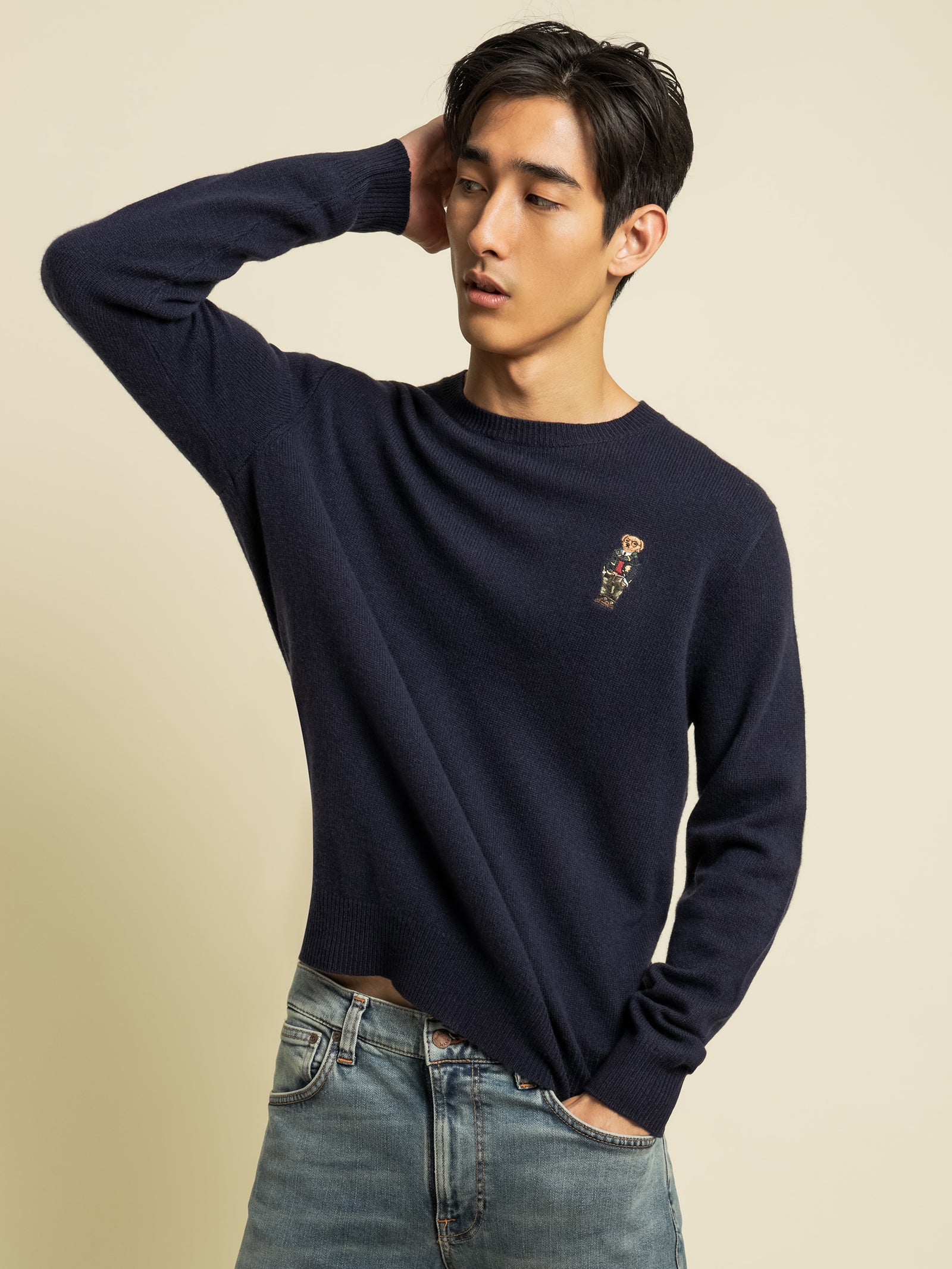 Long Sleeve Knit Polo Sweat in Navy