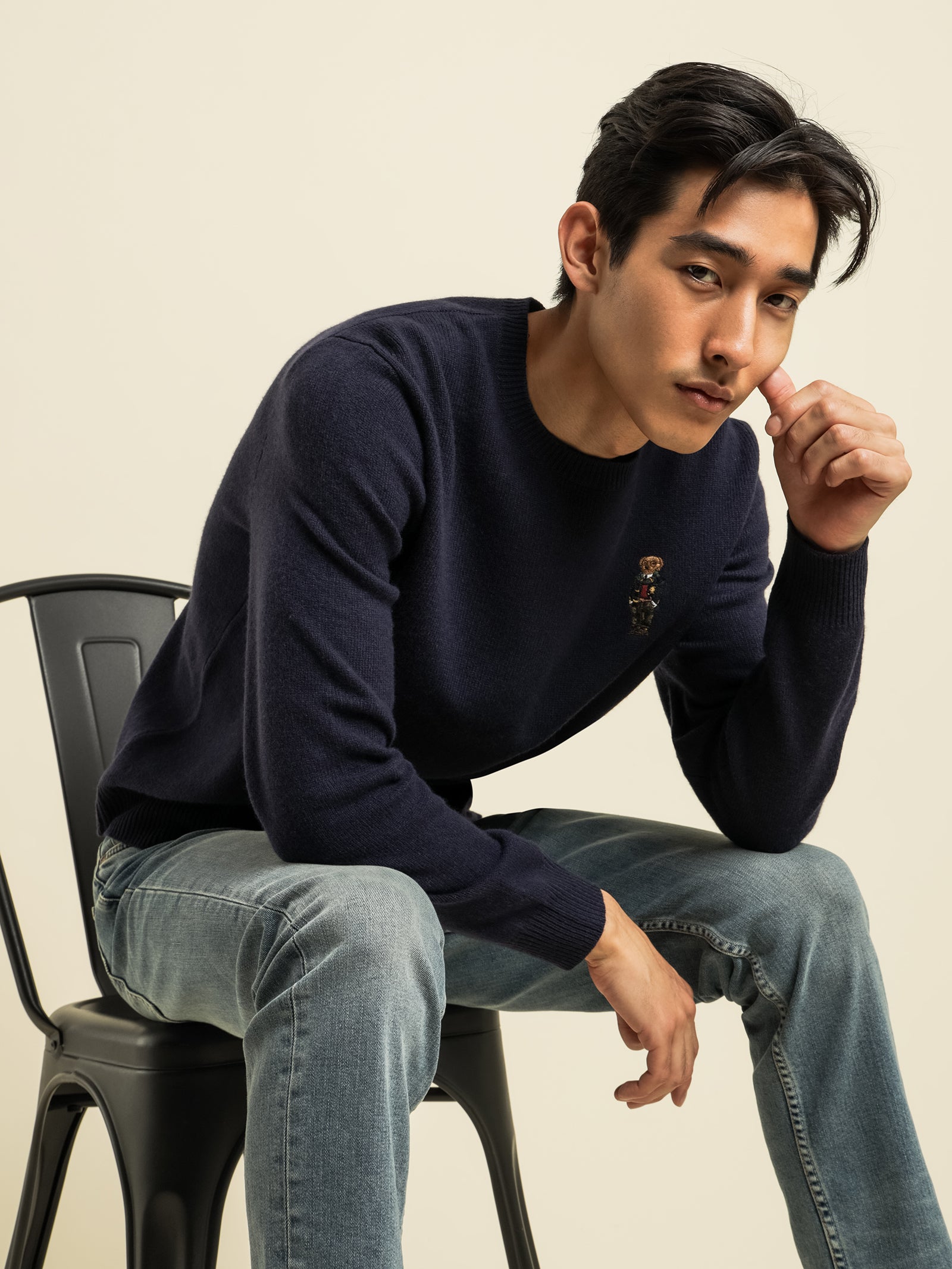 Long Sleeve Knit Polo Sweat in Navy