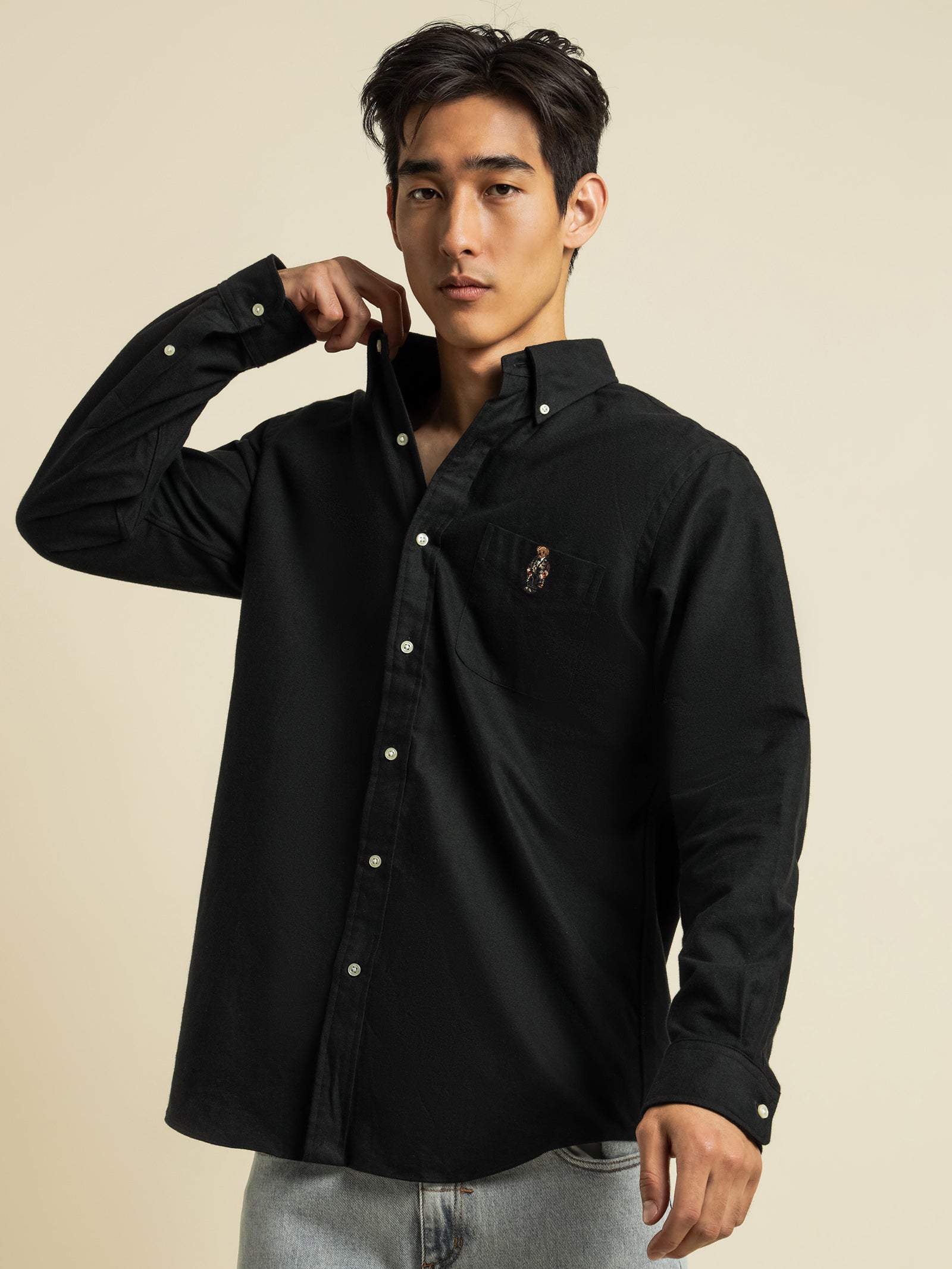 Woven Polo Bear Long Sleeve Shirt in Black