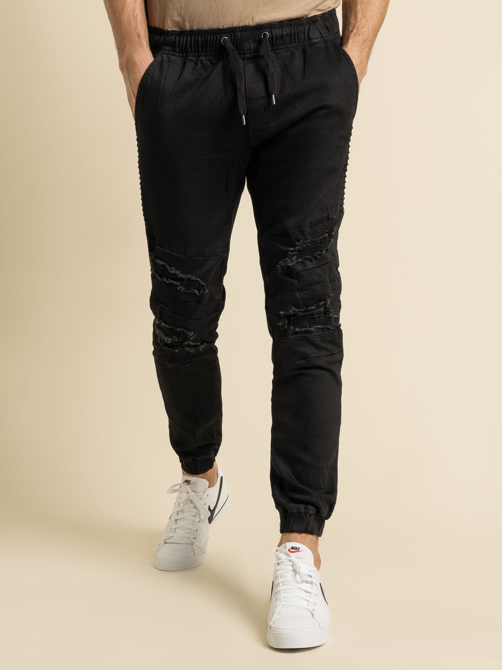 Mens Black Slim Fit Stretch Zippered Jogger Jeans  Urbano Fashion