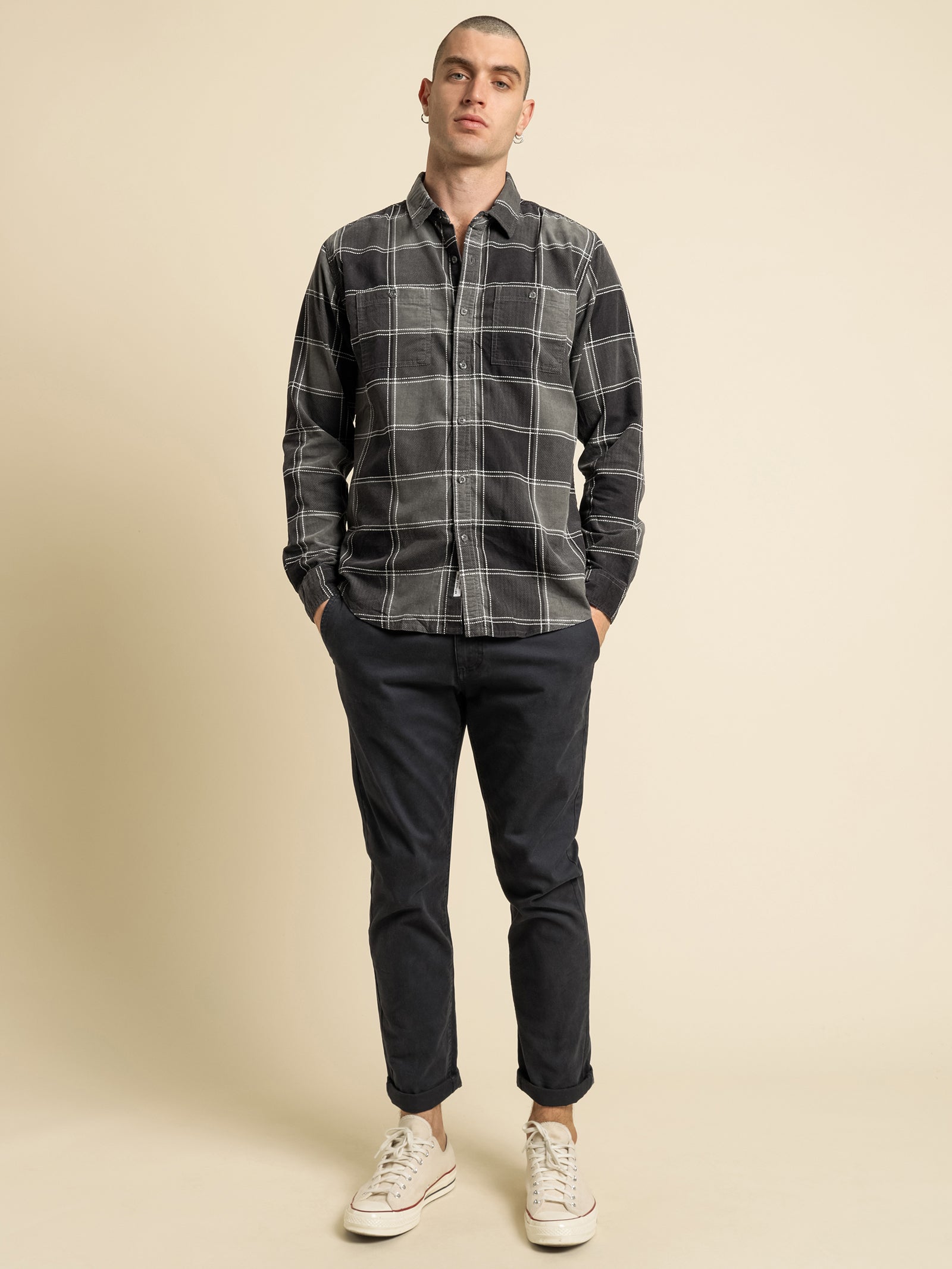 Zion Cord Long Sleeve Shirt in Midnight Plaid