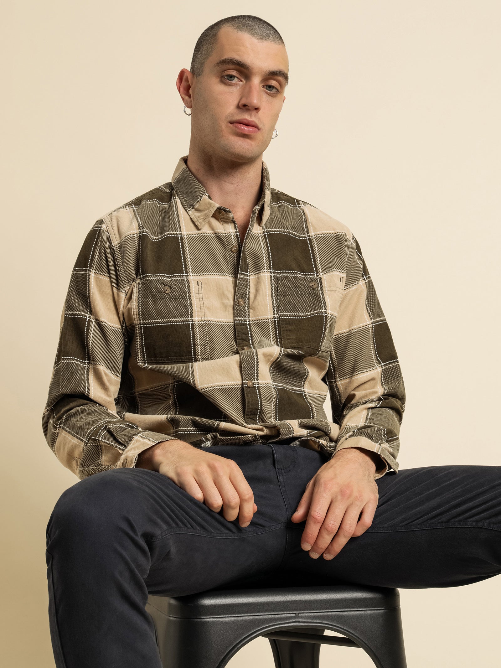 Zion Cord Long Sleeve Shirt in Fern Plaid