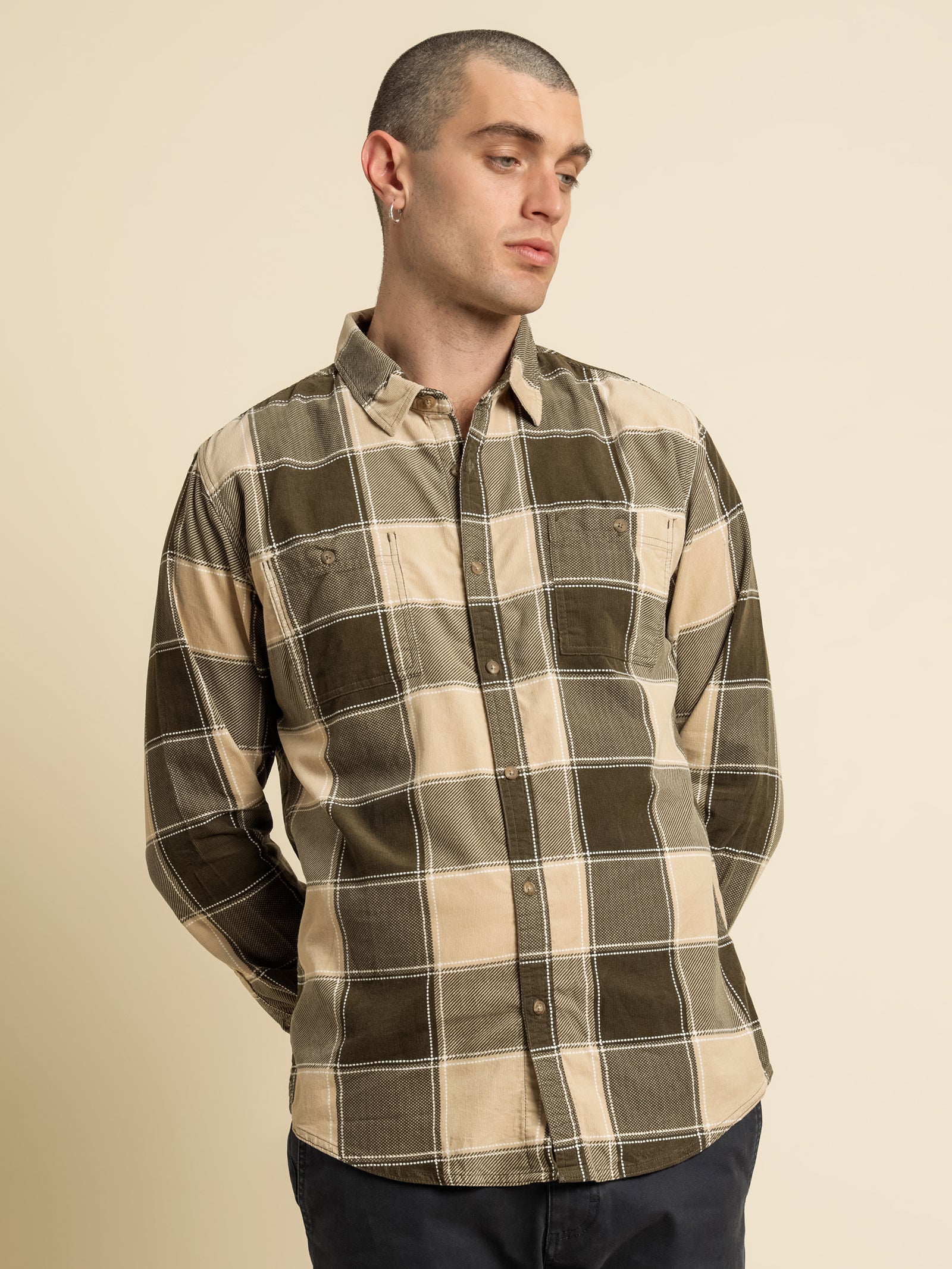 Zion Cord Long Sleeve Shirt in Fern Plaid