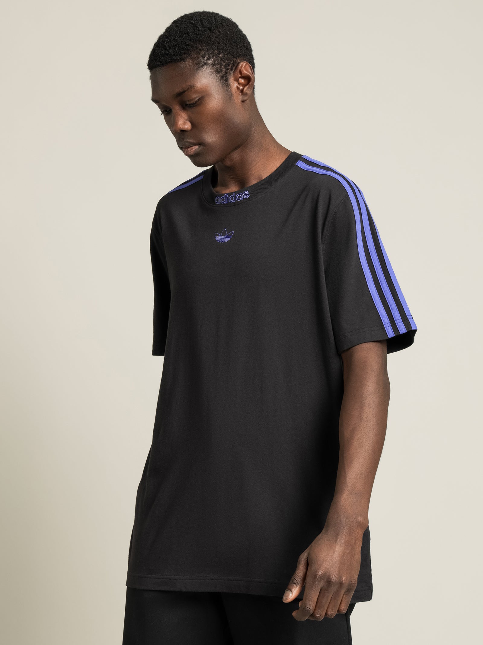 Adidas black 3 stripe hotsell t shirt