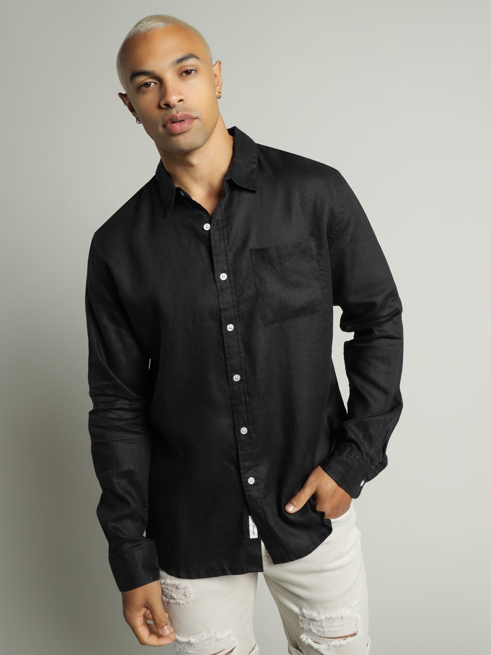 Black linen 2025 long sleeve shirt