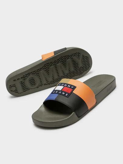 Mens Corduroy Color Blocked Pool Slides in Multi