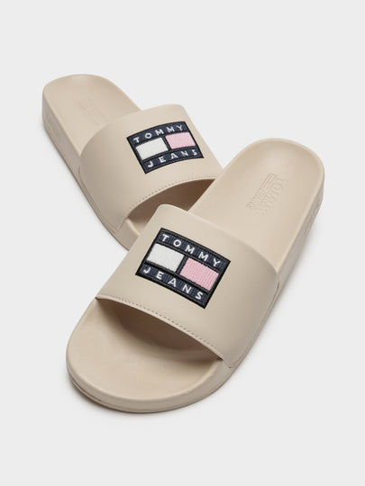 Flag Corduroy Pool Slides in Beige