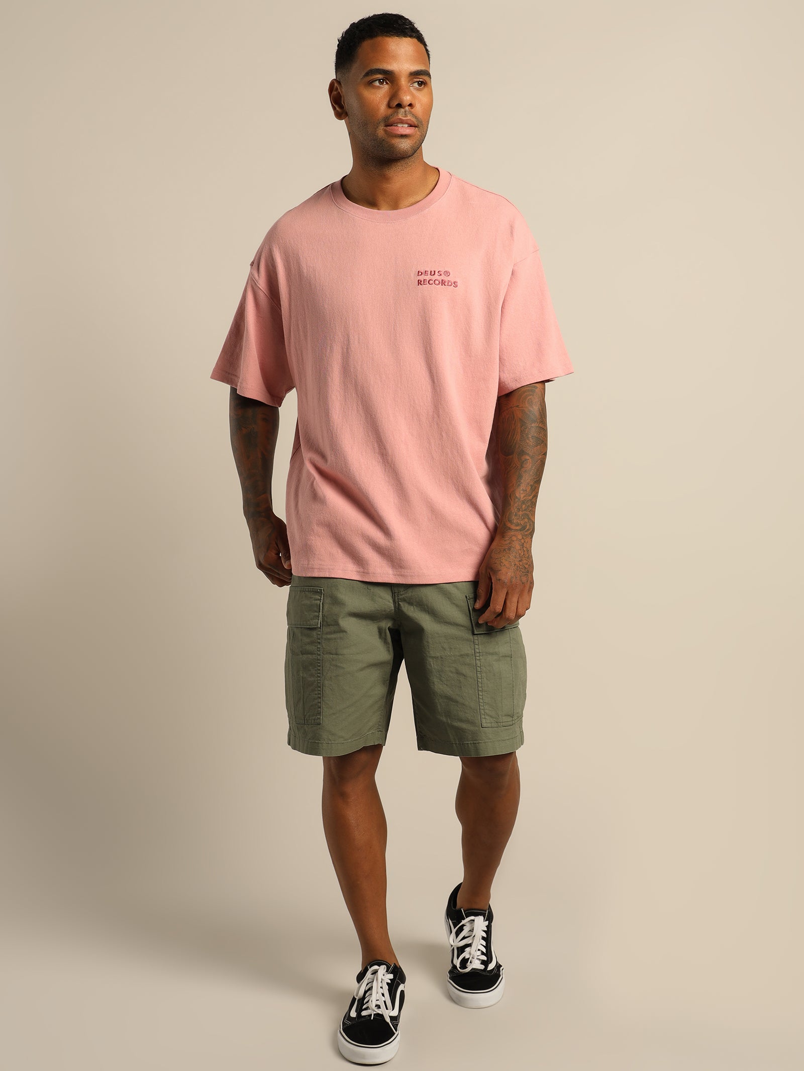 Deus Records All Caps T-Shirt in Zephyr Pink