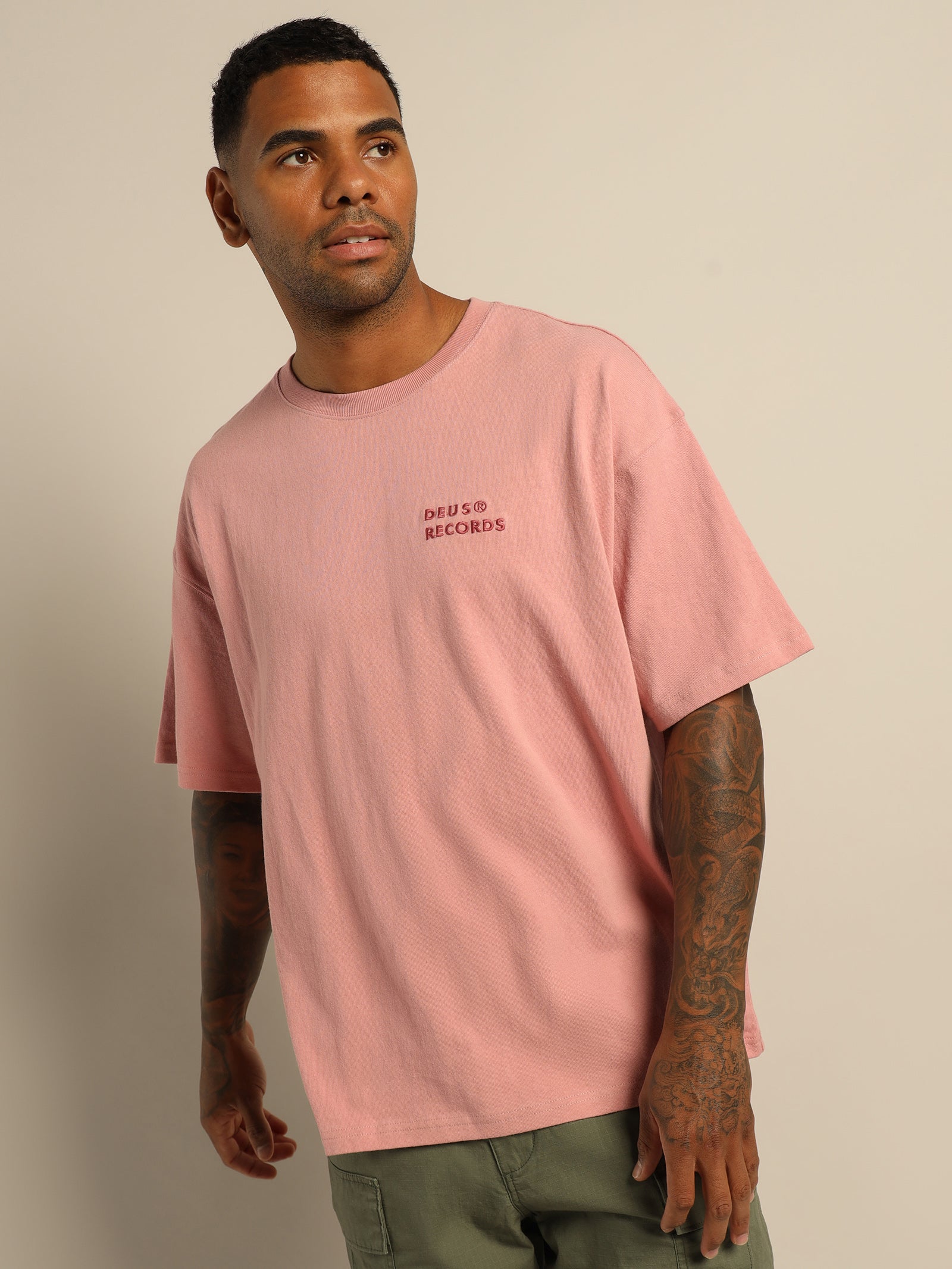 Deus Records All Caps T-Shirt in Zephyr Pink