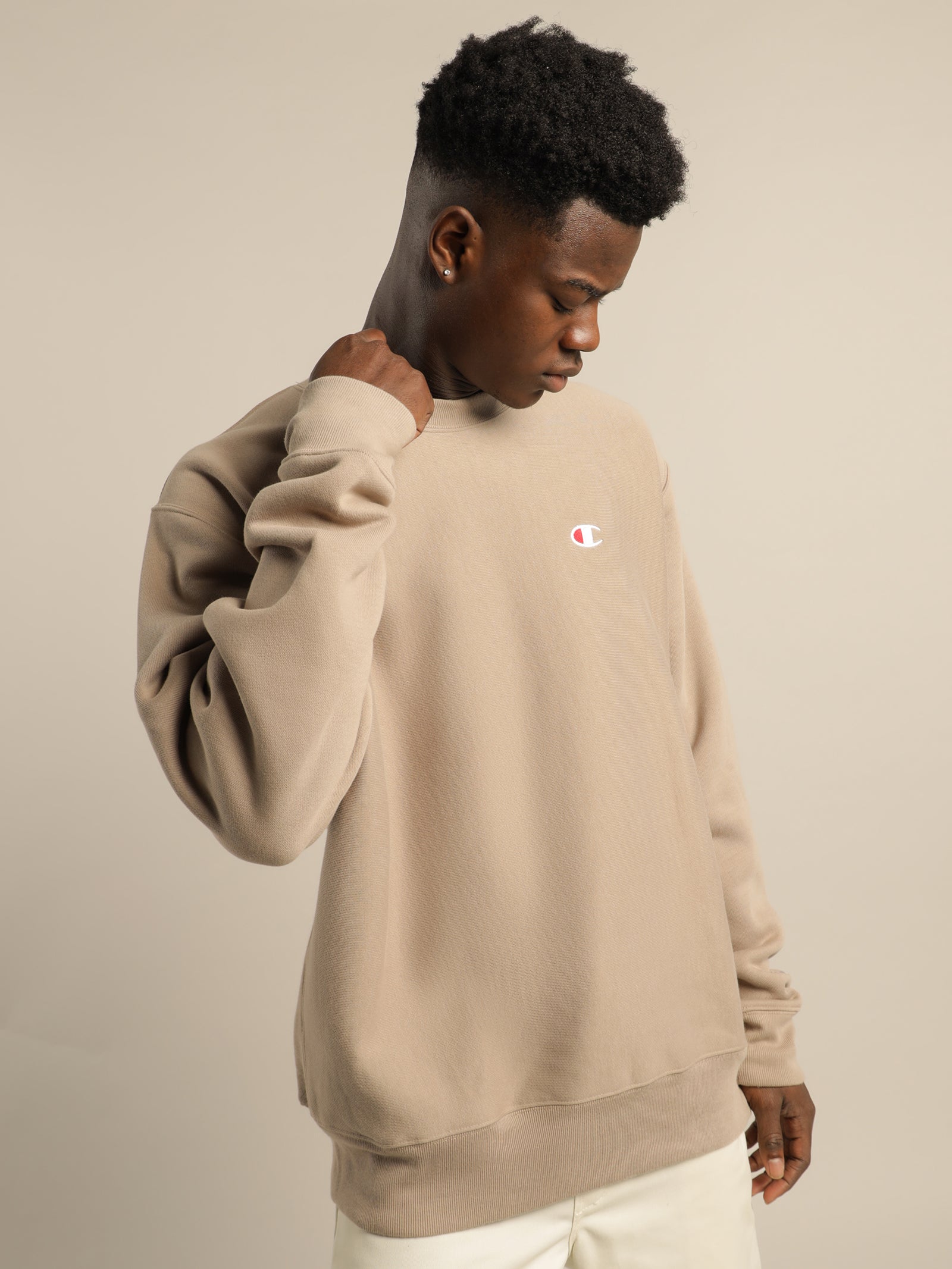 Reverse Weave Crew Jumper in Dark Khaki Glue Store