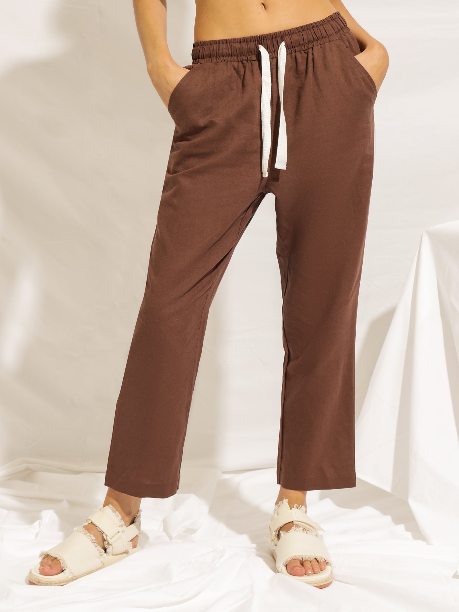 Nude Linen Pant Drawstring Waist Relaxed Fit