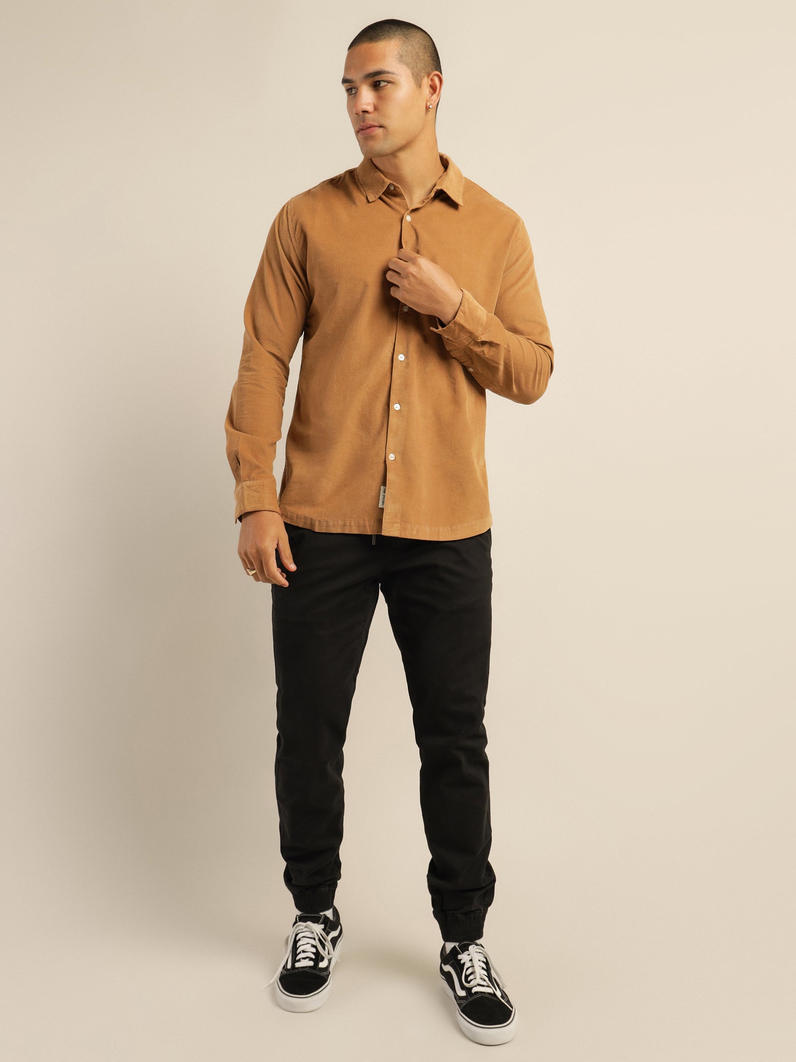 Soren Micro-Cord Long Sleeve Shirt in Sand