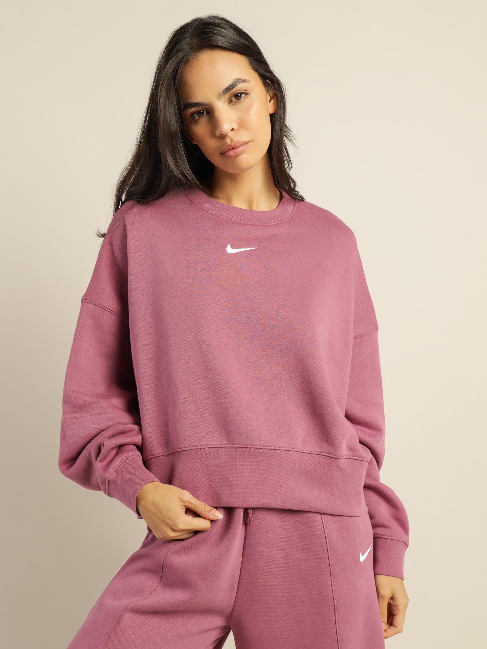 Oversized Fleece Crew in Light Bordeax