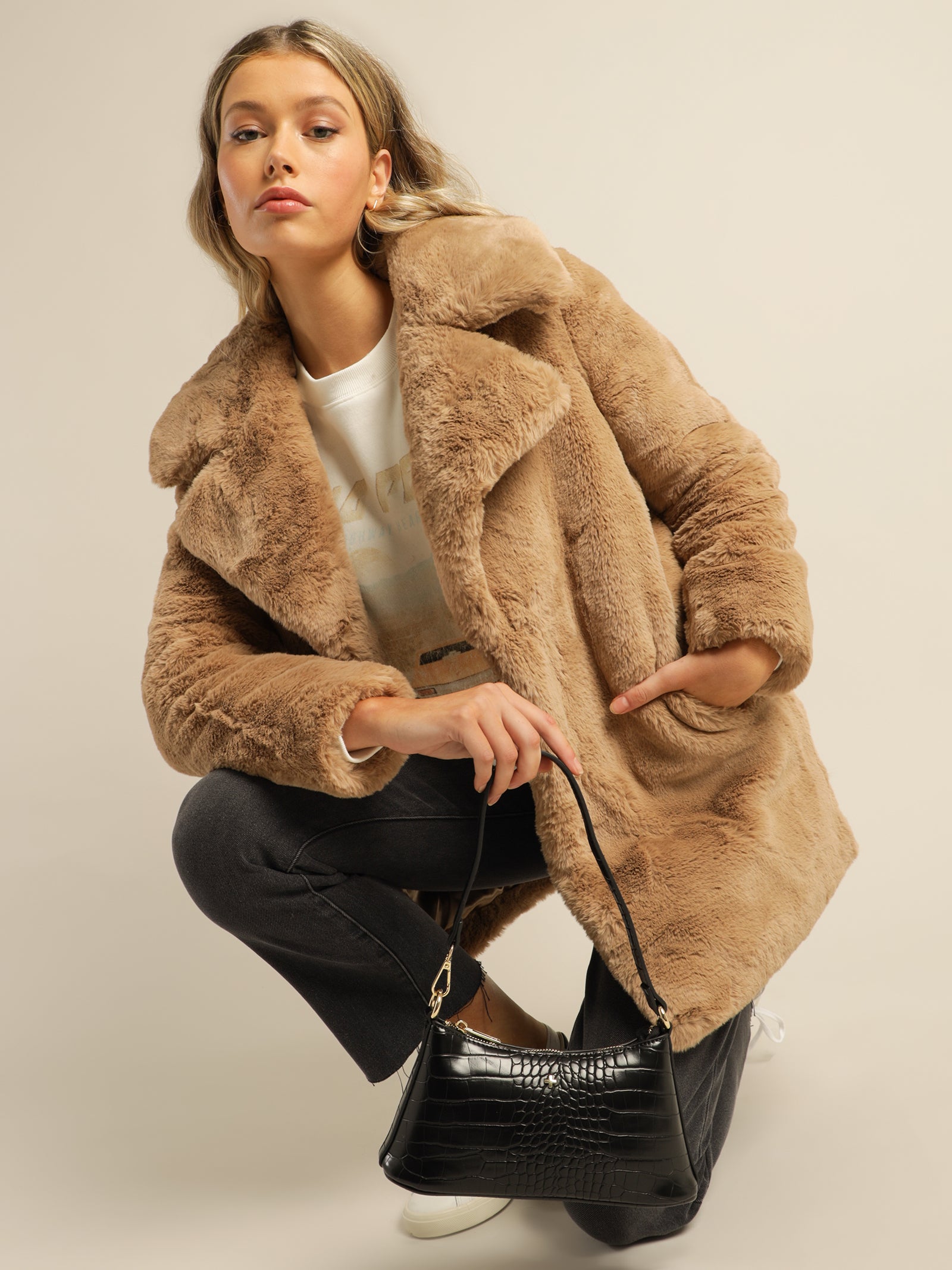 Minimalist Faux Fur Jacket in Almond Tan