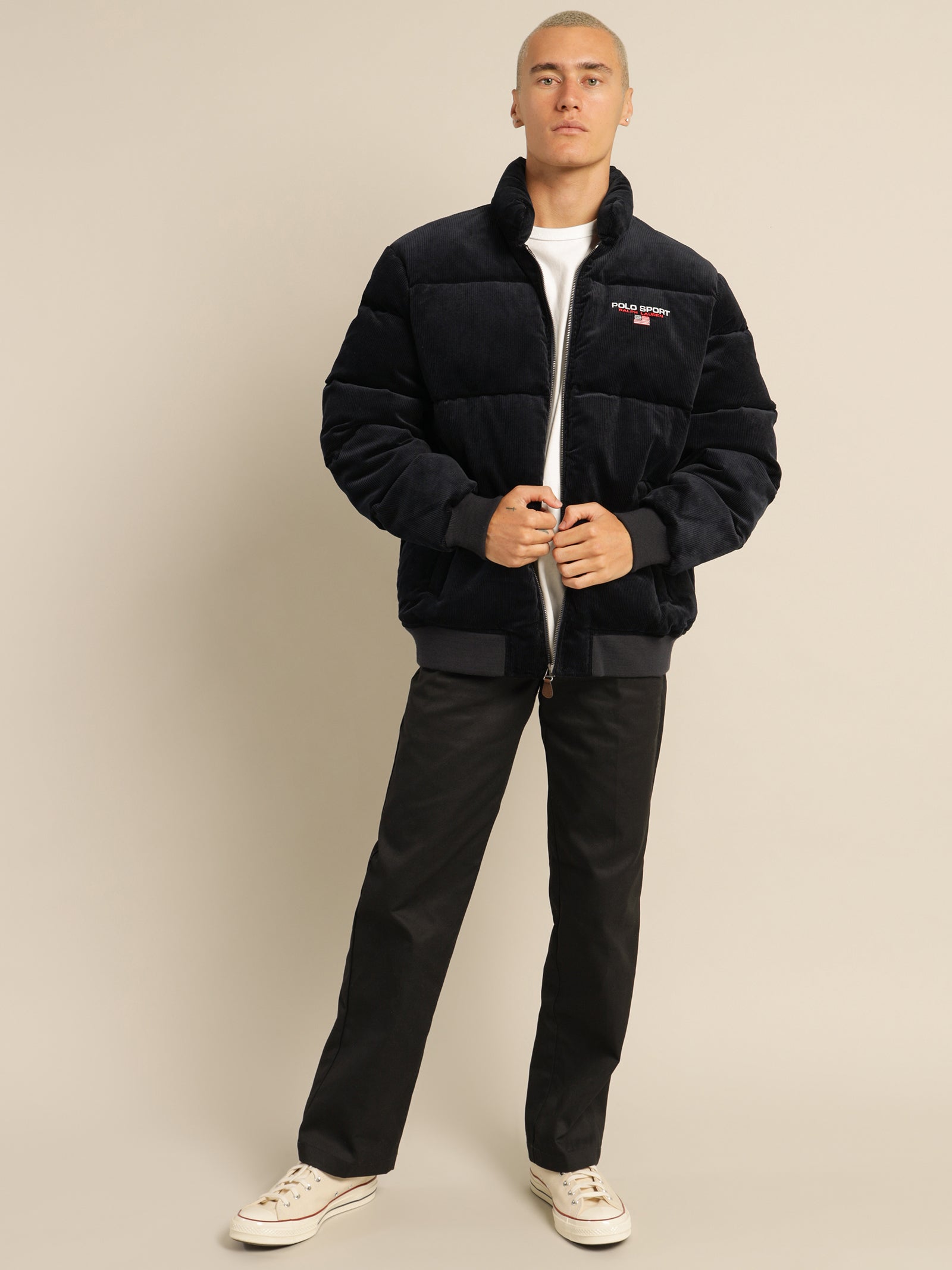 Cord Puffer Insulated Bomber Jacket in Navy