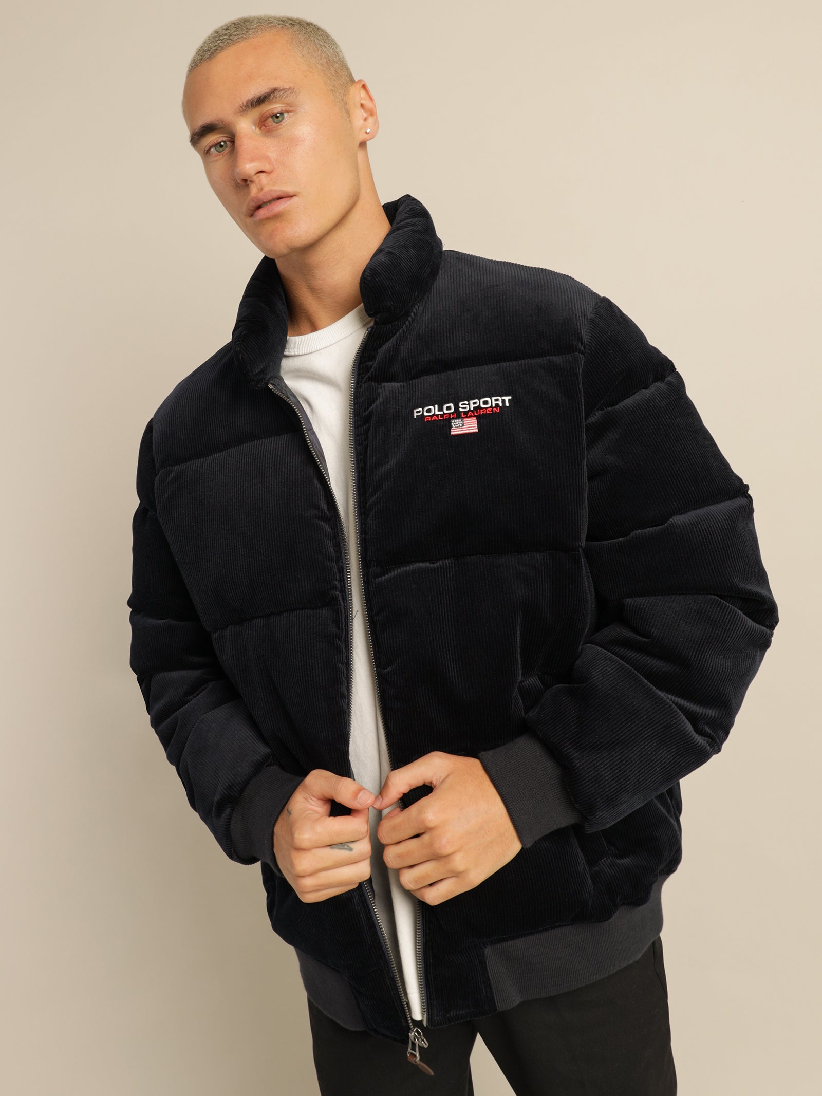 Cord Puffer Insulated Bomber Jacket in Navy