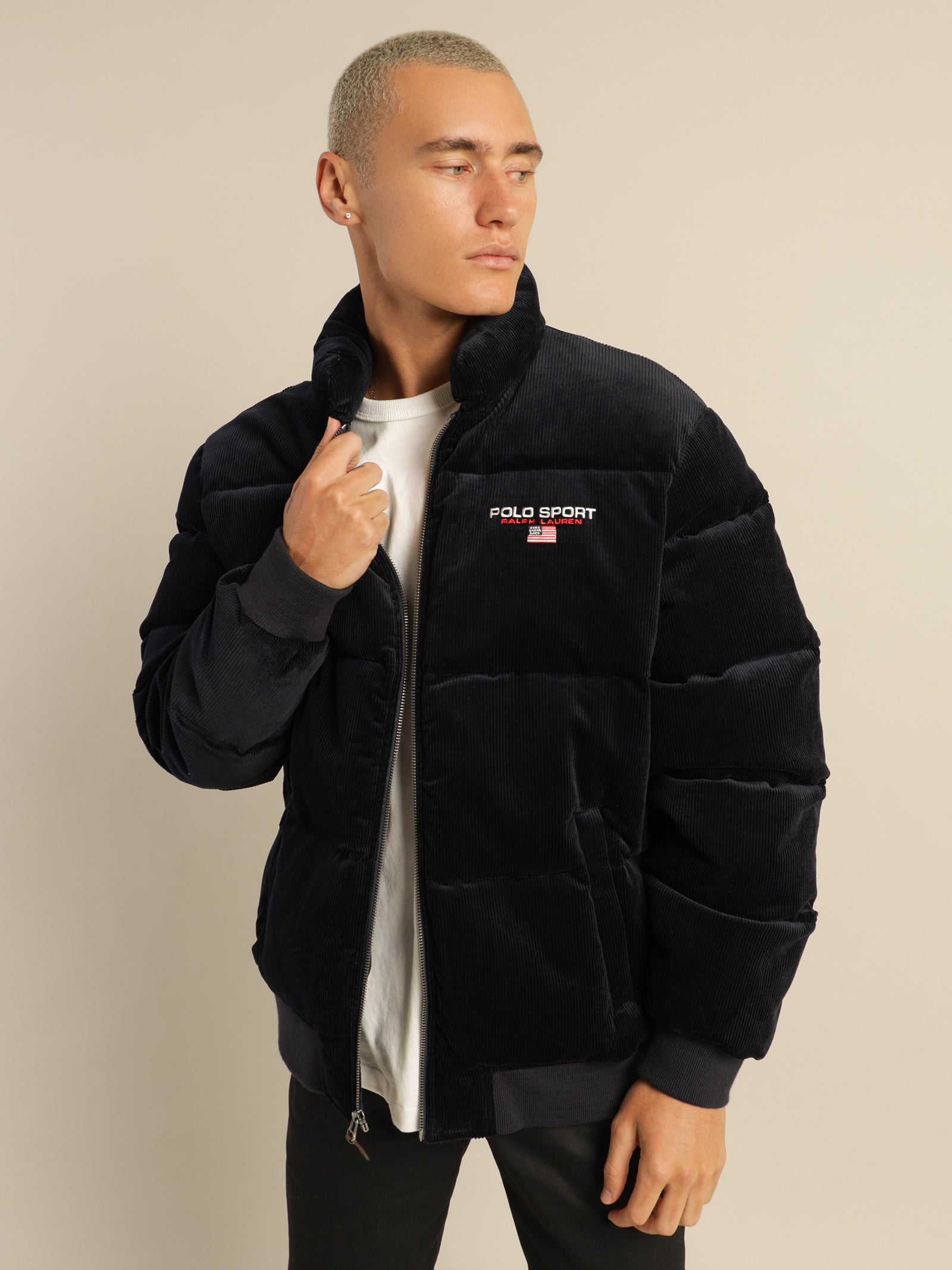 Cord Puffer Insulated Bomber Jacket in Navy