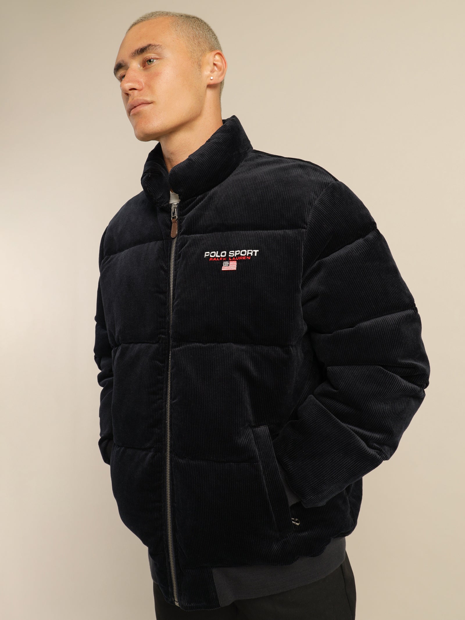 Cord Puffer Insulated Bomber Jacket in Navy