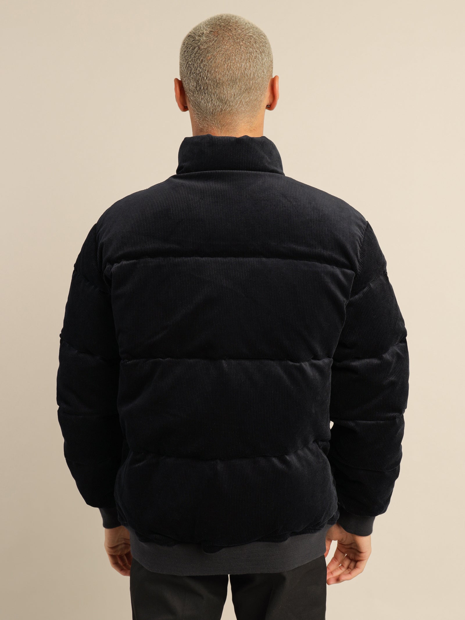 Cord Puffer Insulated Bomber Jacket in Navy