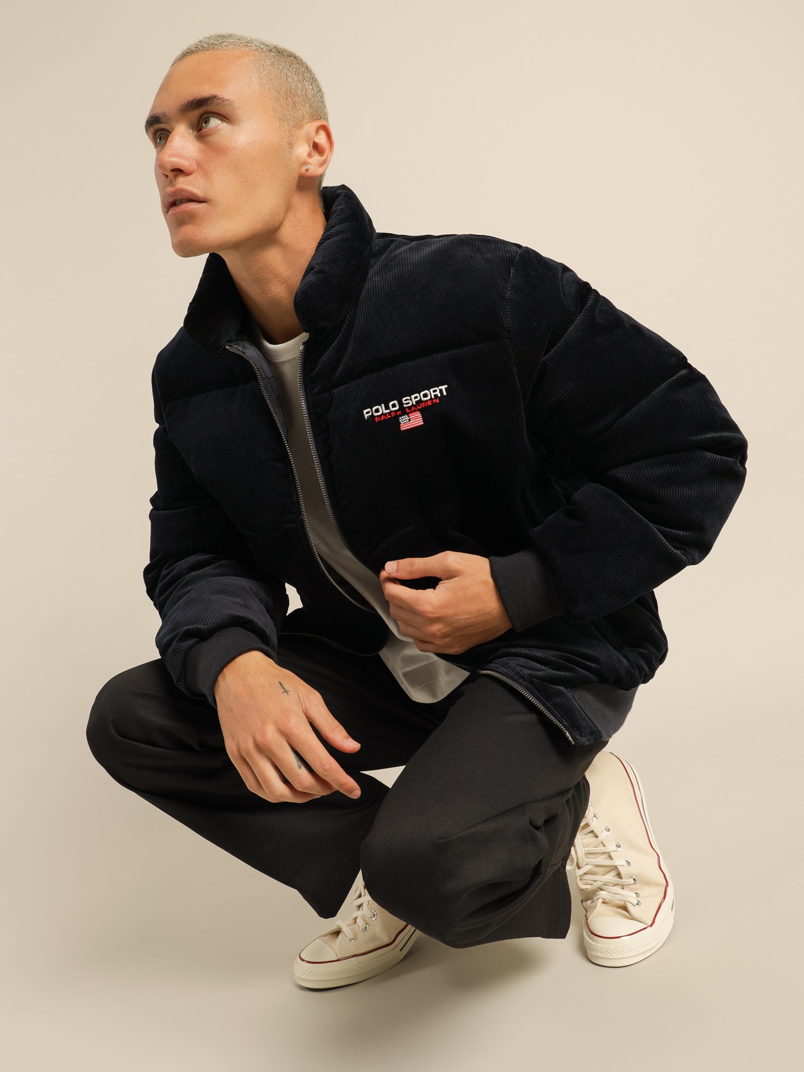 Cord Puffer Insulated Bomber Jacket in Navy