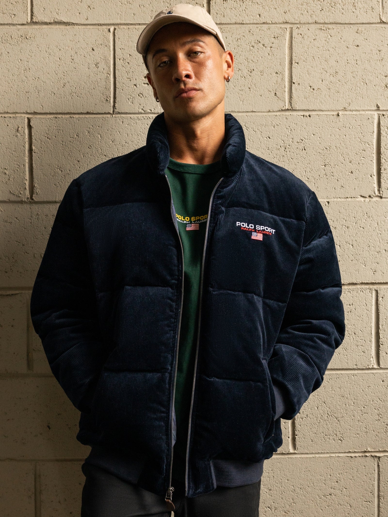 Cord Puffer Insulated Bomber Jacket in Navy