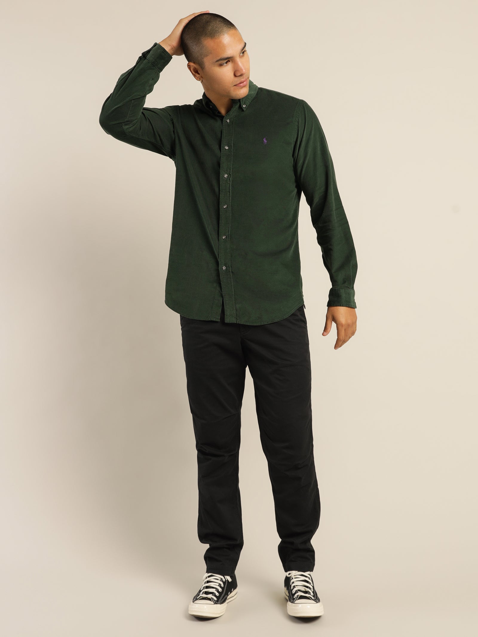 Polo Custom Fit Corduroy Long Sleeve Shirt in College Green