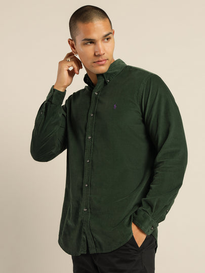 Polo Custom Fit Corduroy Long Sleeve Shirt in College Green