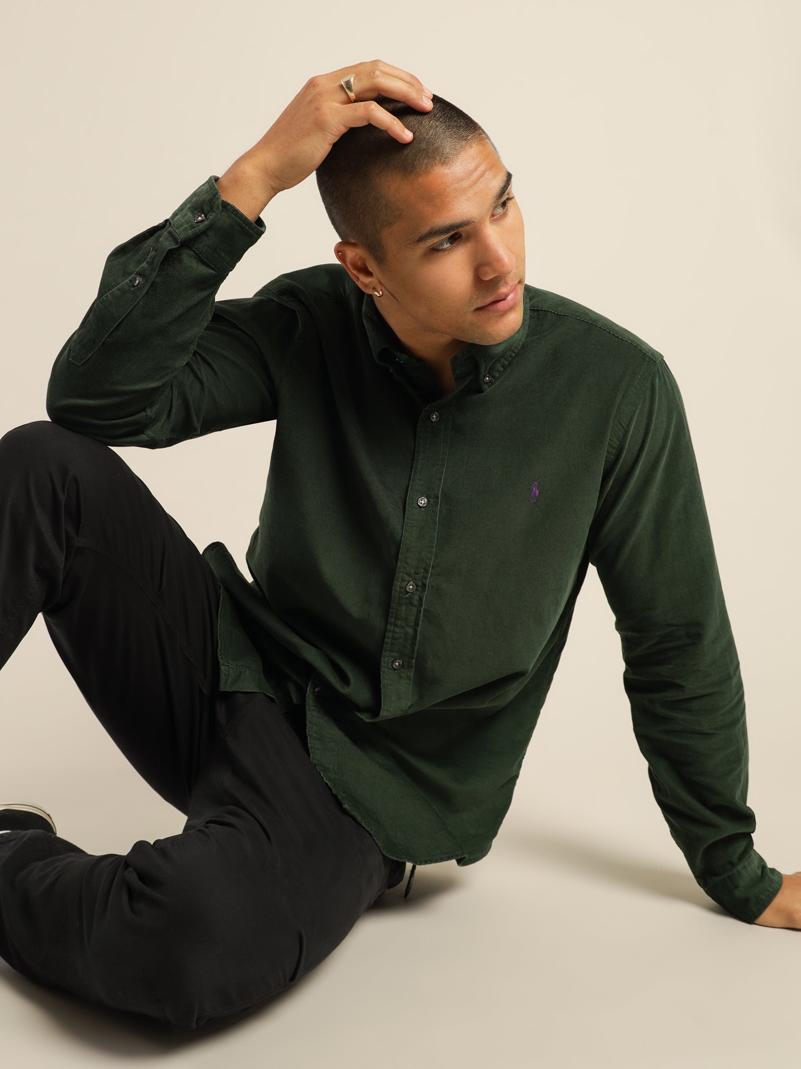 Polo Custom Fit Corduroy Long Sleeve Shirt in College Green