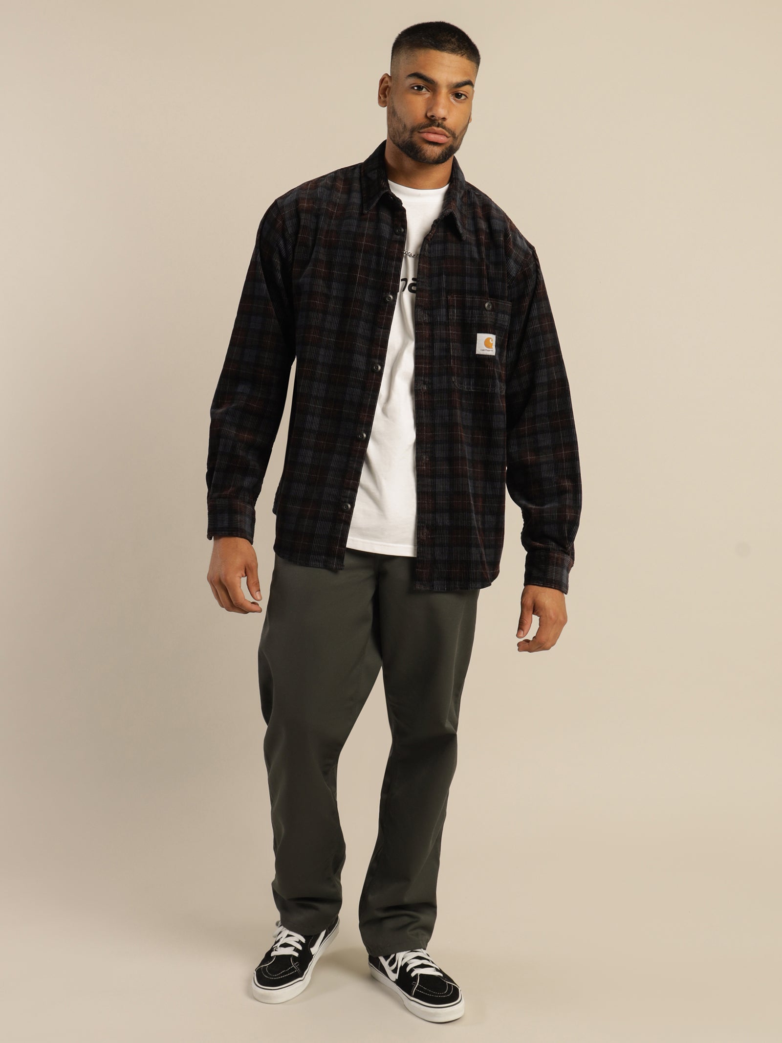 Corduroy Long Sleeve Flint Shirt in Muted Navy Plaid