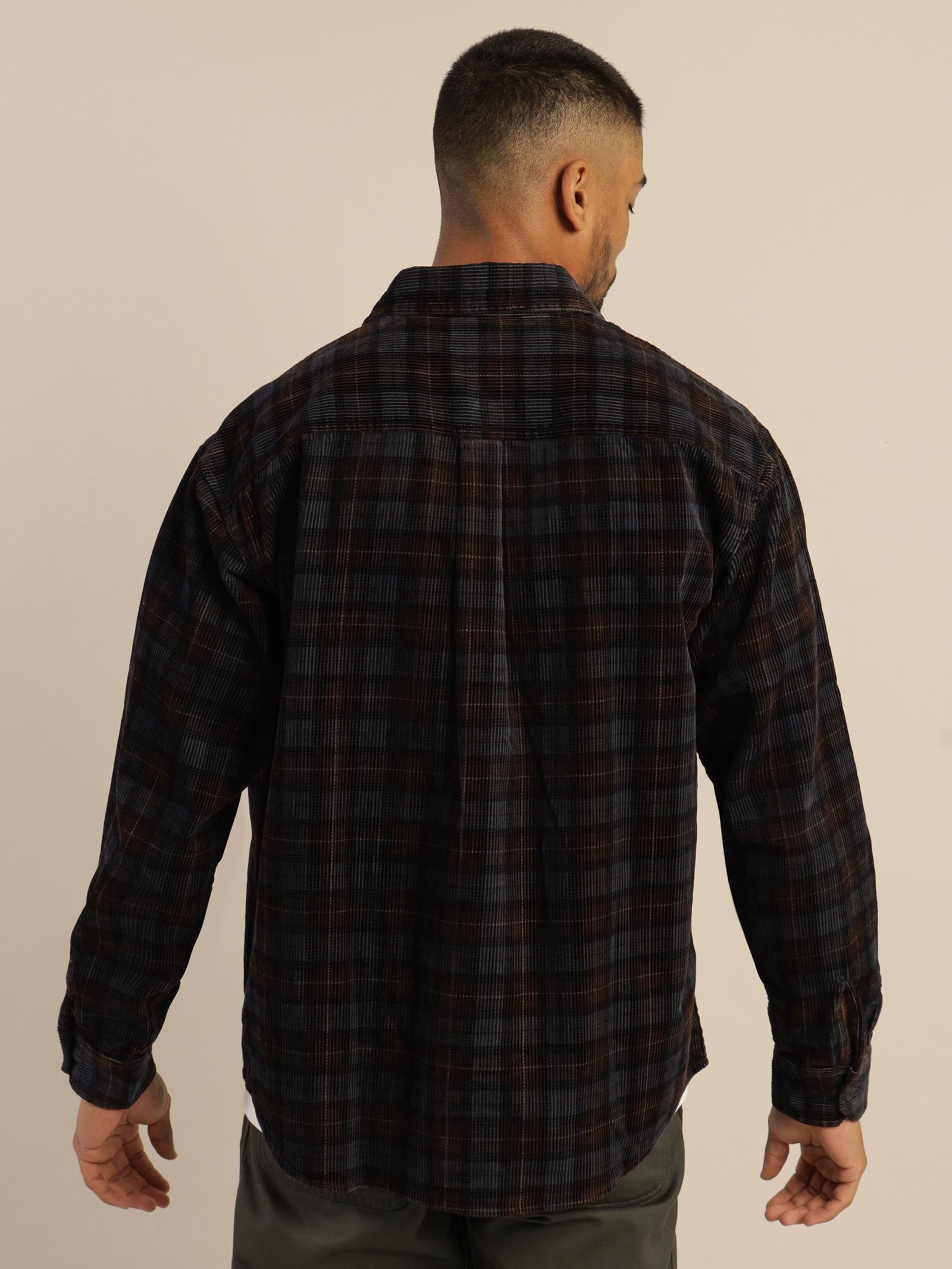 Corduroy Long Sleeve Flint Shirt in Muted Navy Plaid