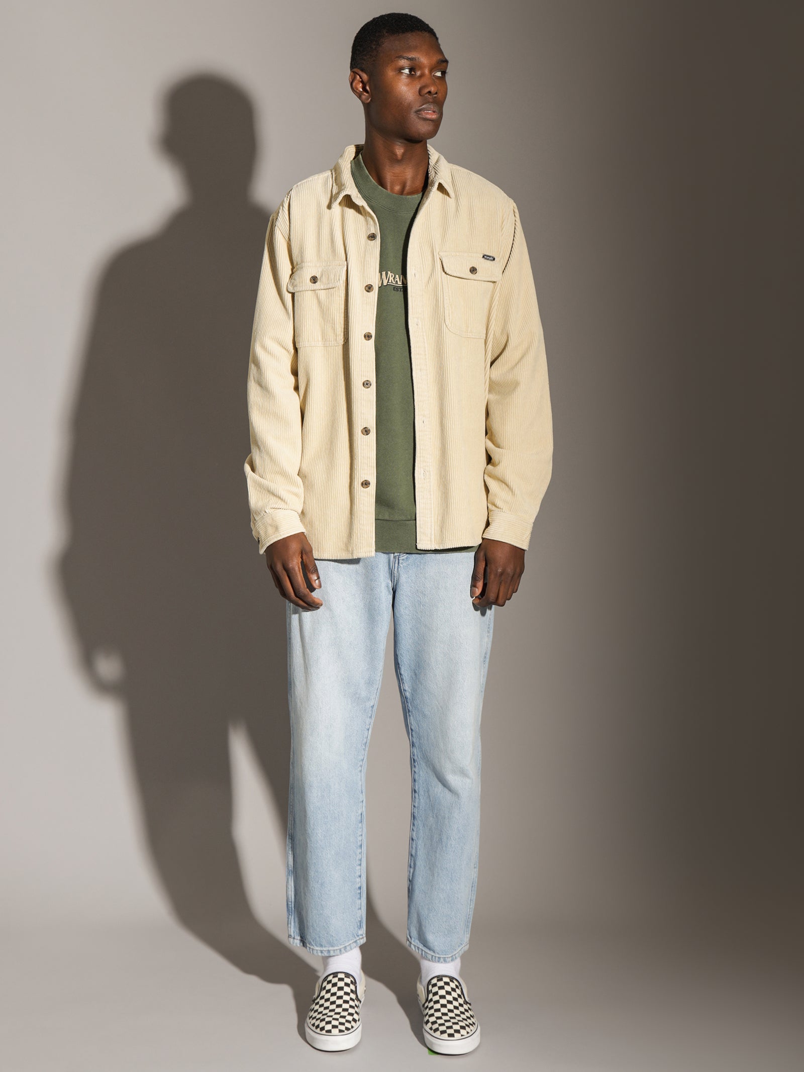 Parallels Long Sleeve Cord Shirt in Ecru Beige