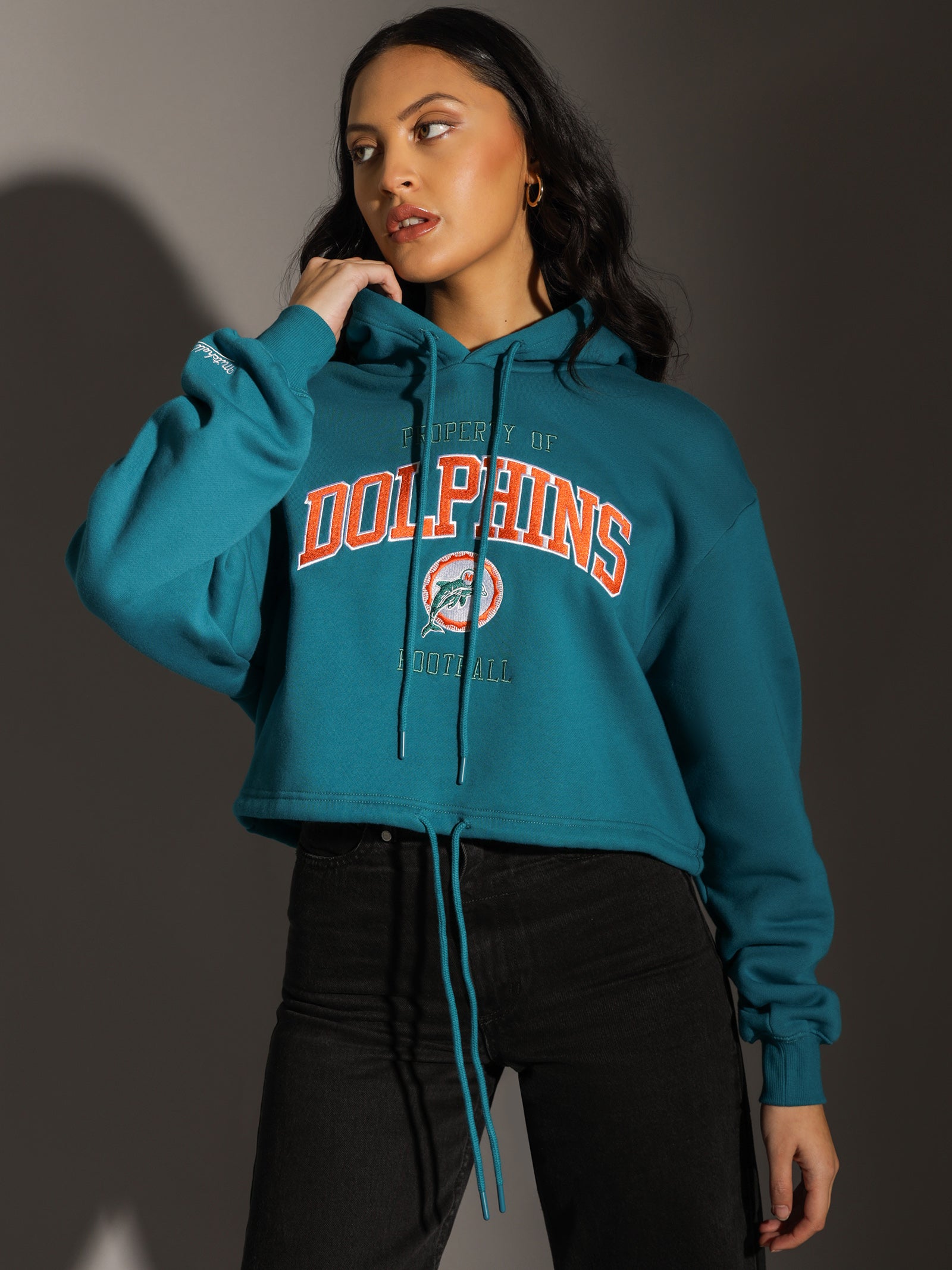 Mitchell & Ness - Miami Dolphins Vintage Arch Crop Hoodie in Faded Teal