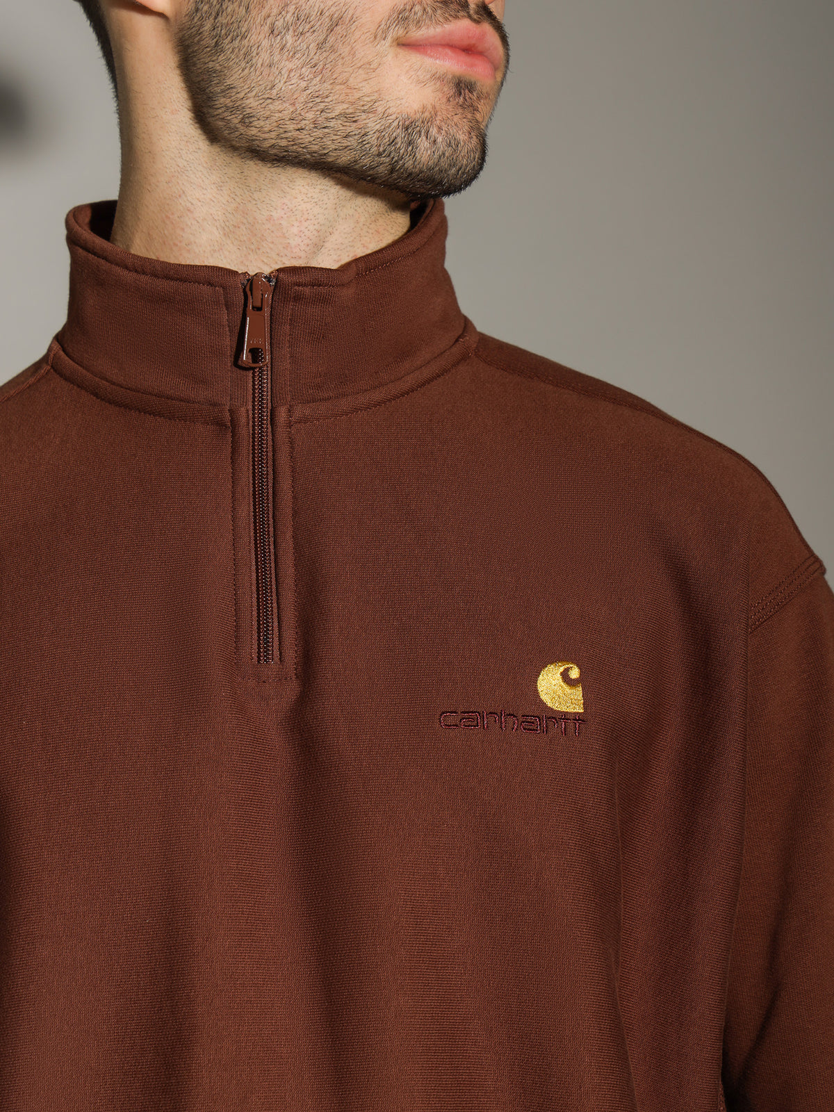 Carhartt Wip Half Zip American Script Sweat in Brown | Brown