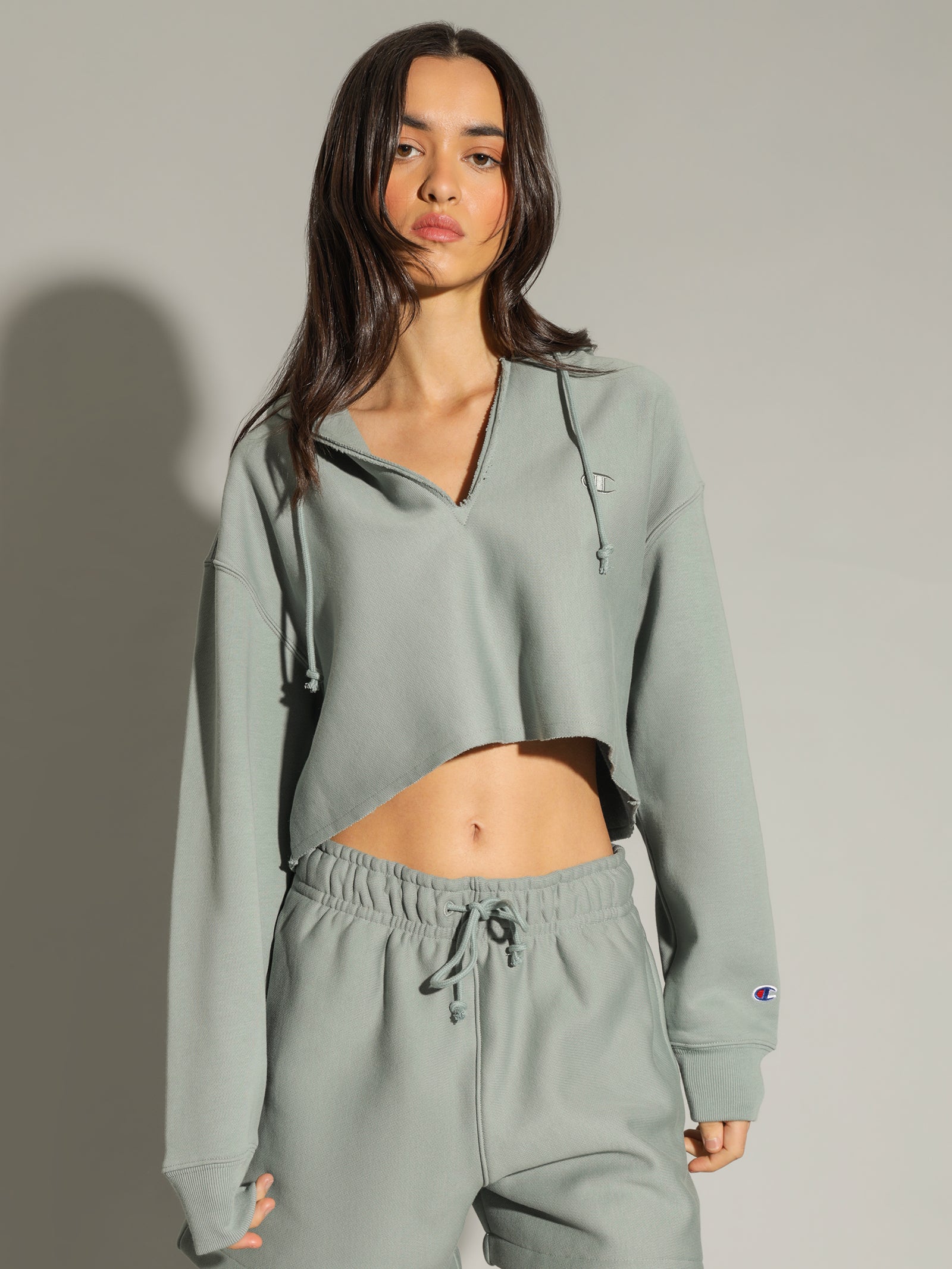 Reverse Weave Split Crop Hood in Sage Shimmer Green