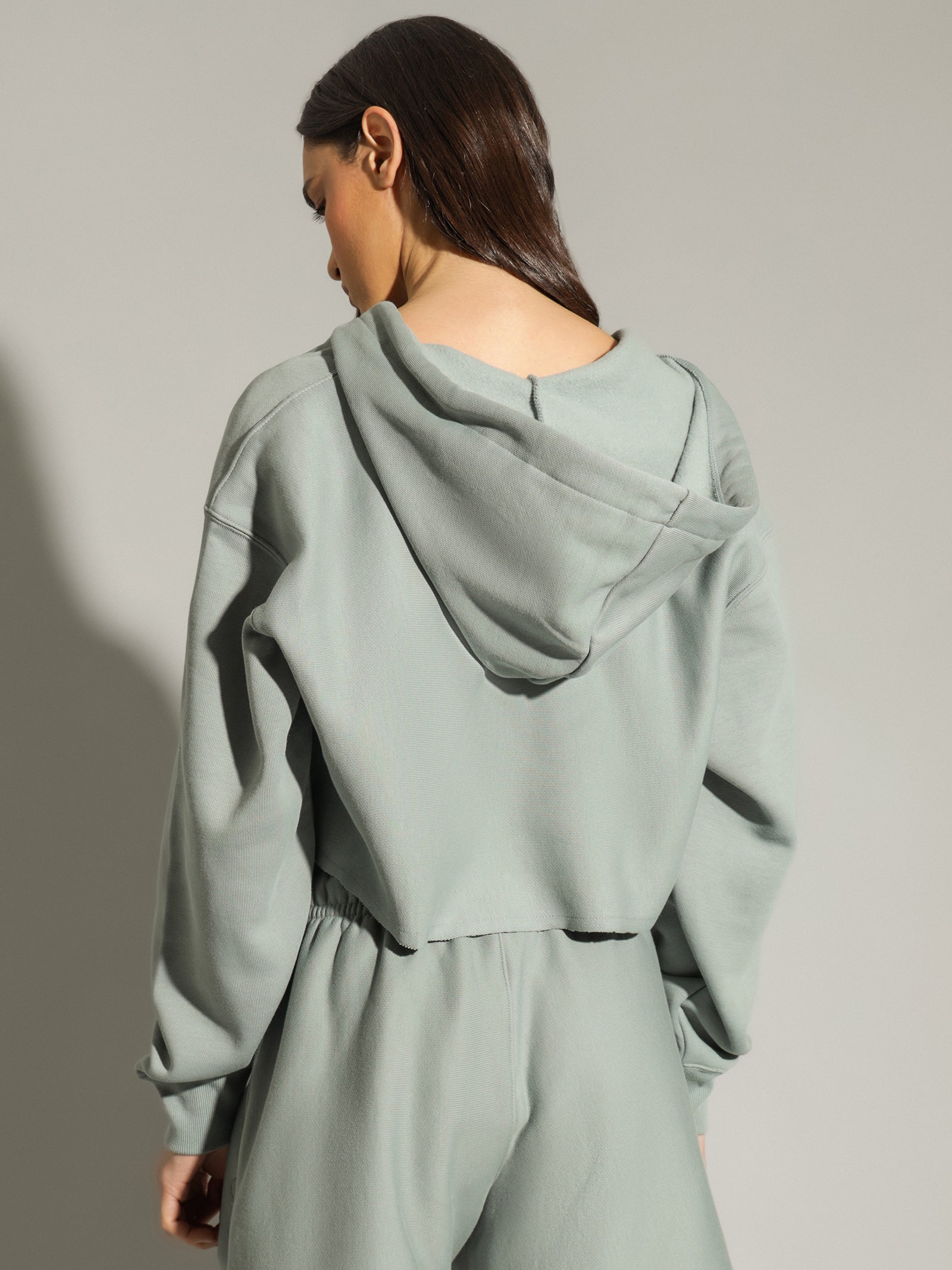 Reverse Weave Split Crop Hood in Sage Shimmer Green