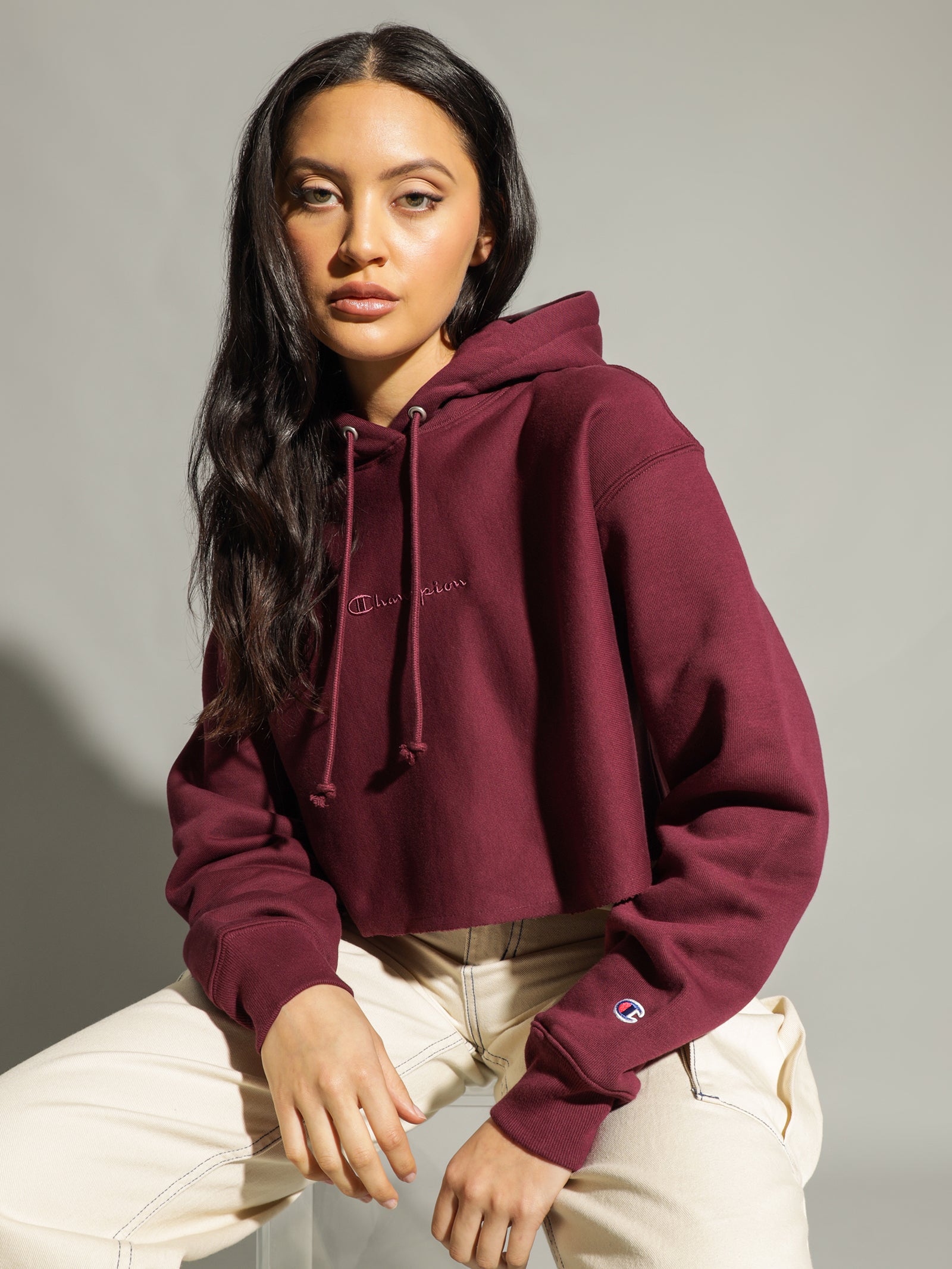 Reverse Weave Tonal Crop Hood in Dark Berry Purple