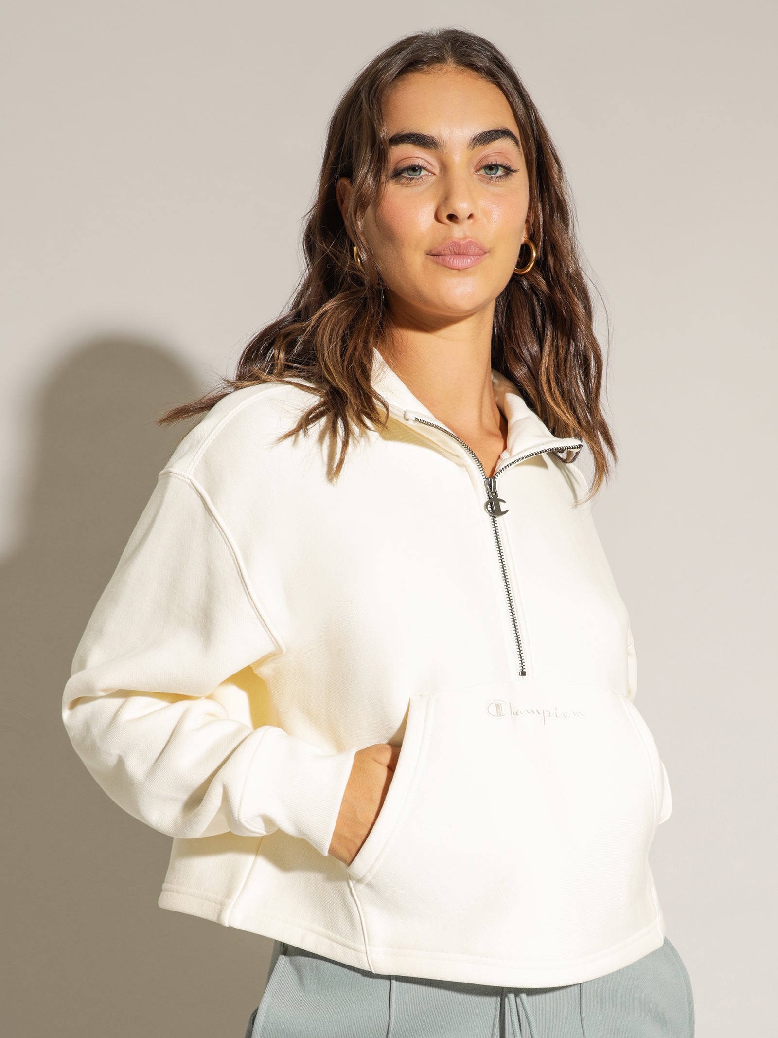 Reverse Weave Half-Zip Pullover in Chalk White CSI