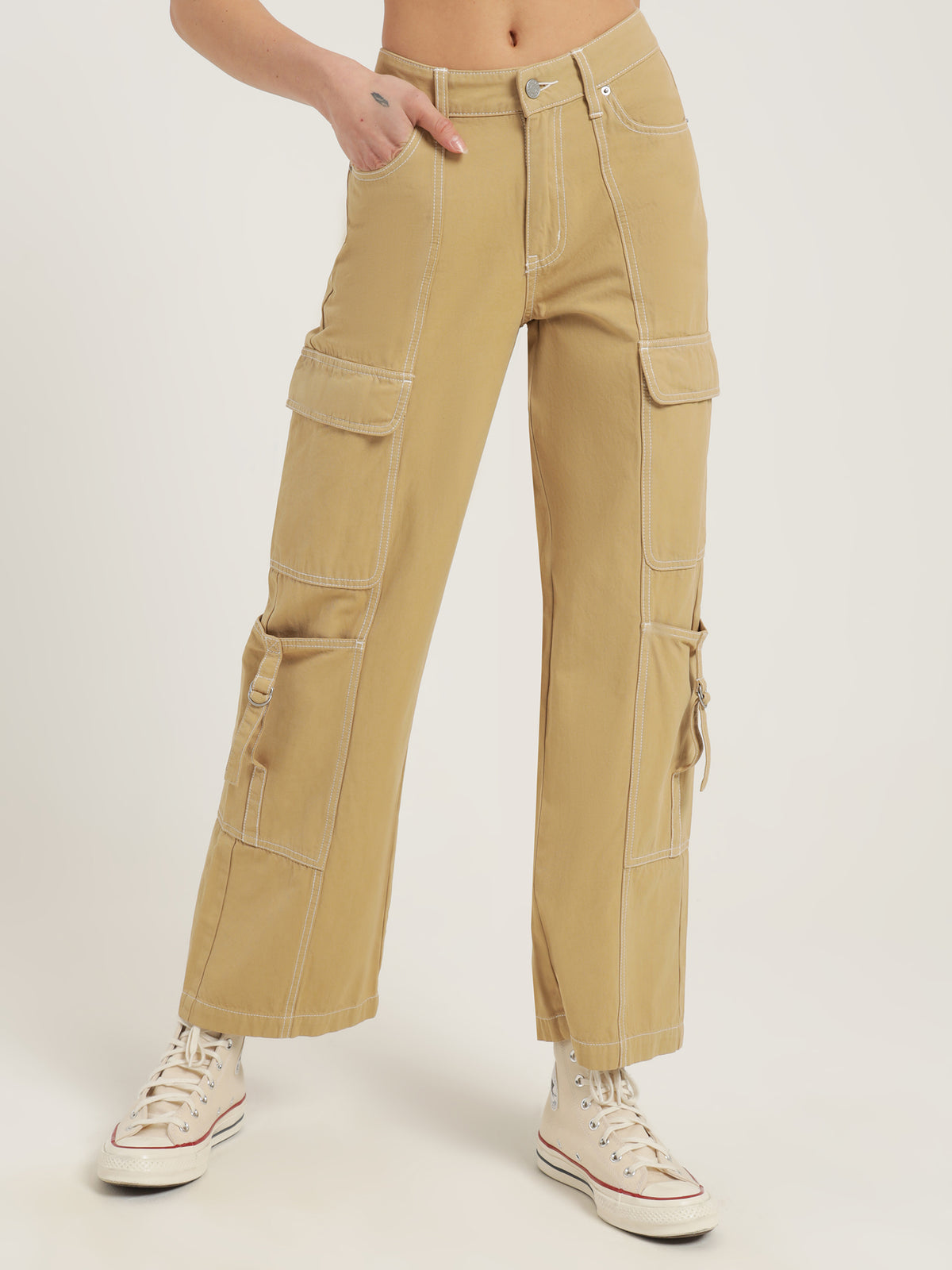 Beyond Her Bianca Low Rise Cargo Pants in Sand Tan | Sand