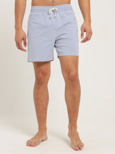 Striped Traveller Swim Shorts in Cruise Royal Seersucker