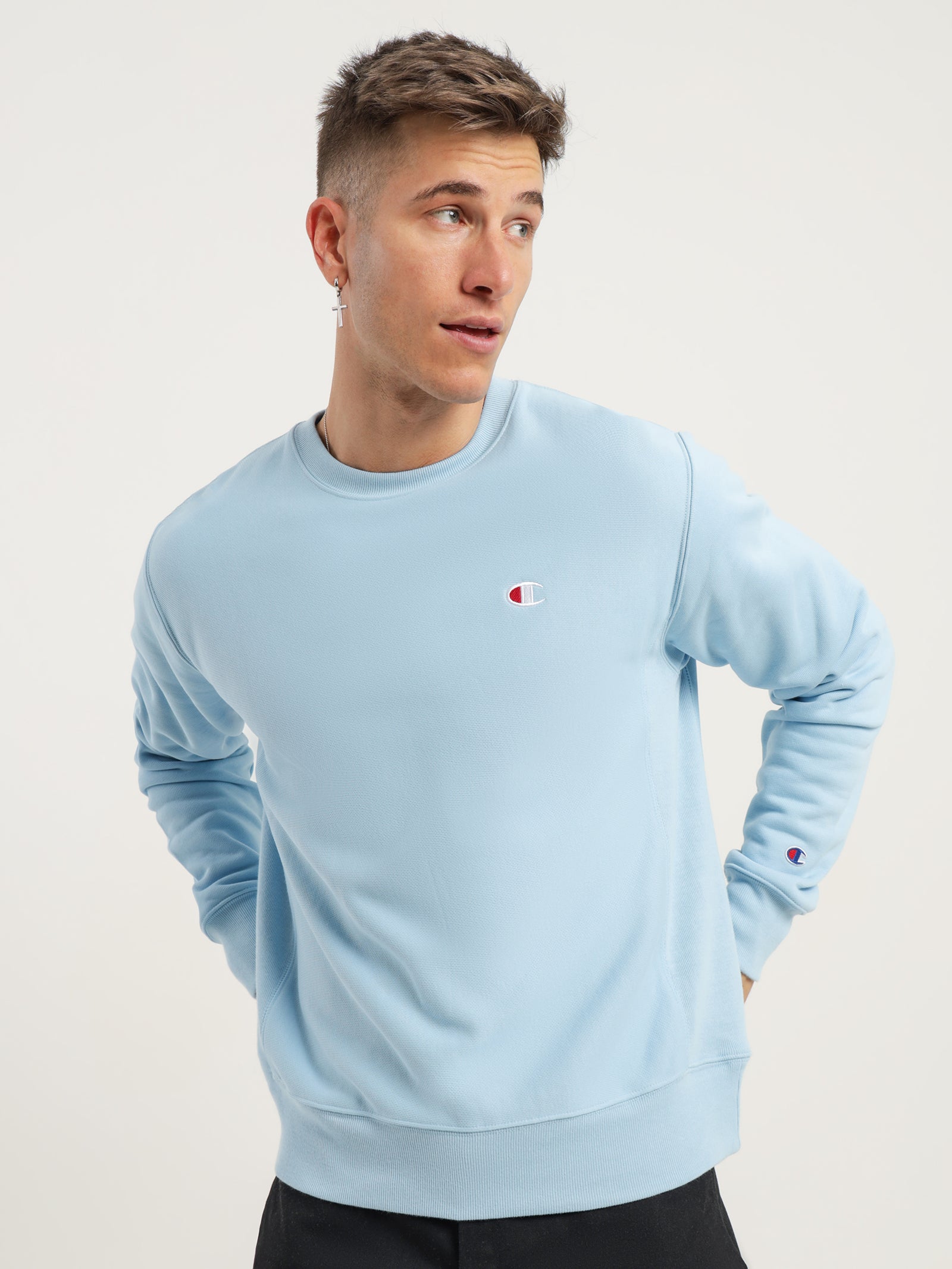 Reverse Weave Crew in Light Blue