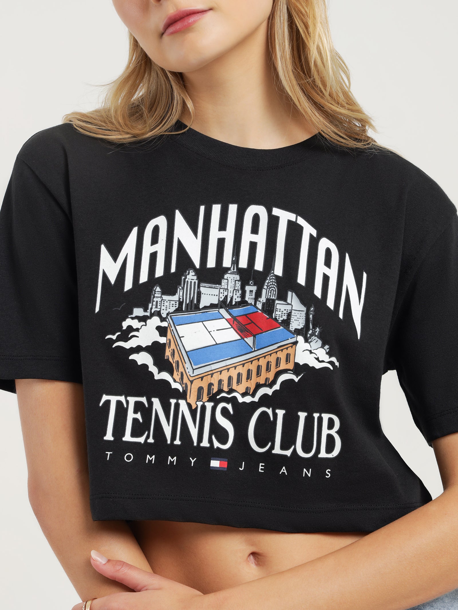 Super Crop Tommy Jeans Tennis Short Sleeve T-Shirt in Black