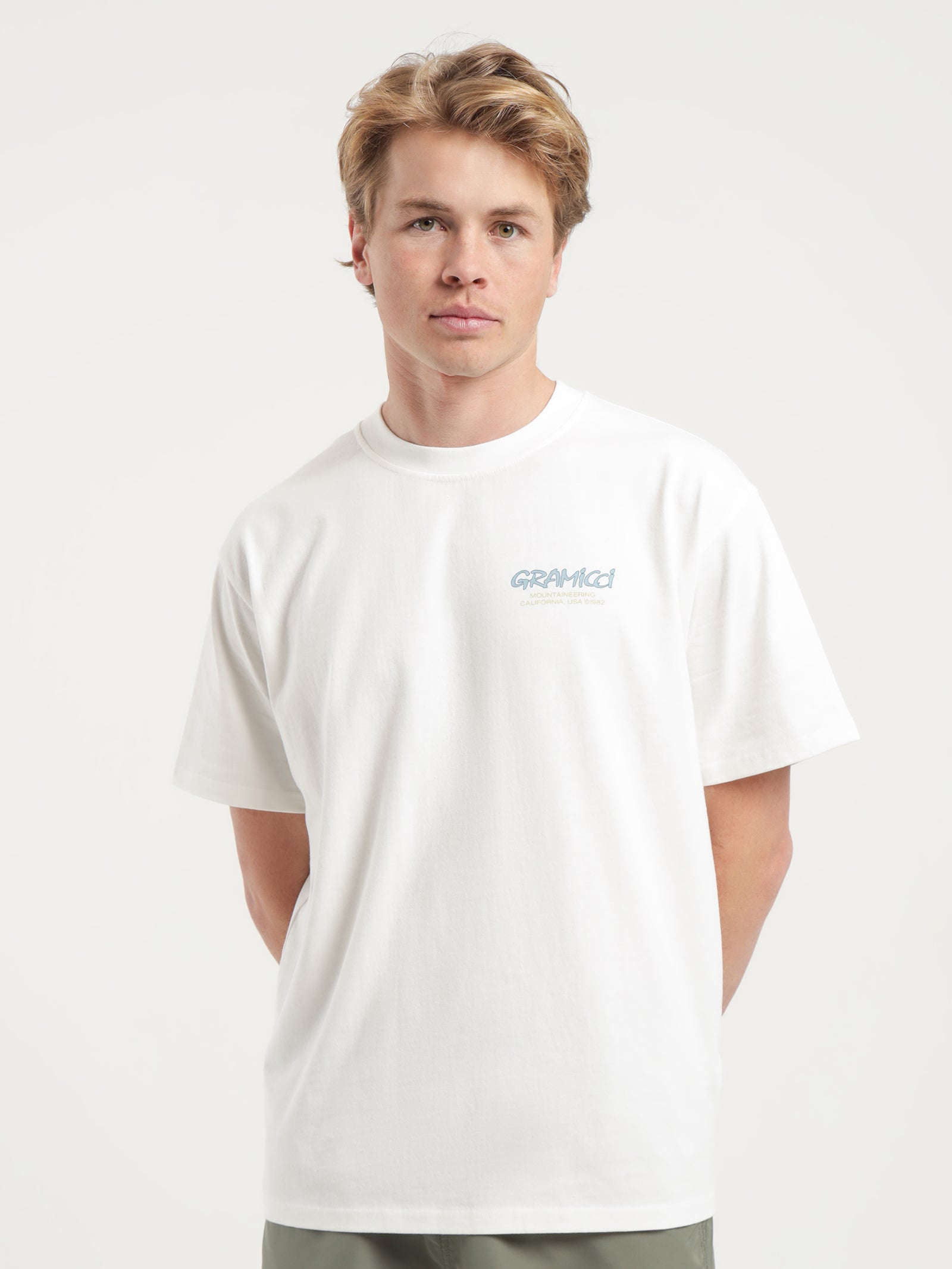 Gramicci Mountaineering T-Shirt in White & Blue | Glue Store