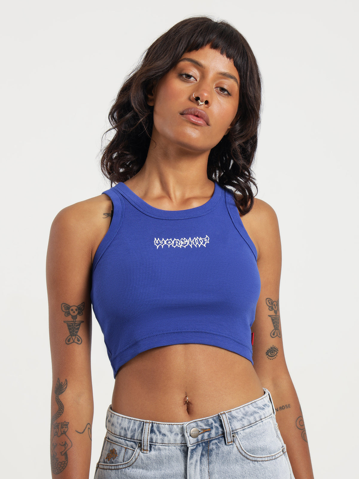 Worship Meancore Mid Crop Tank in Surf The Web Blue | Blue