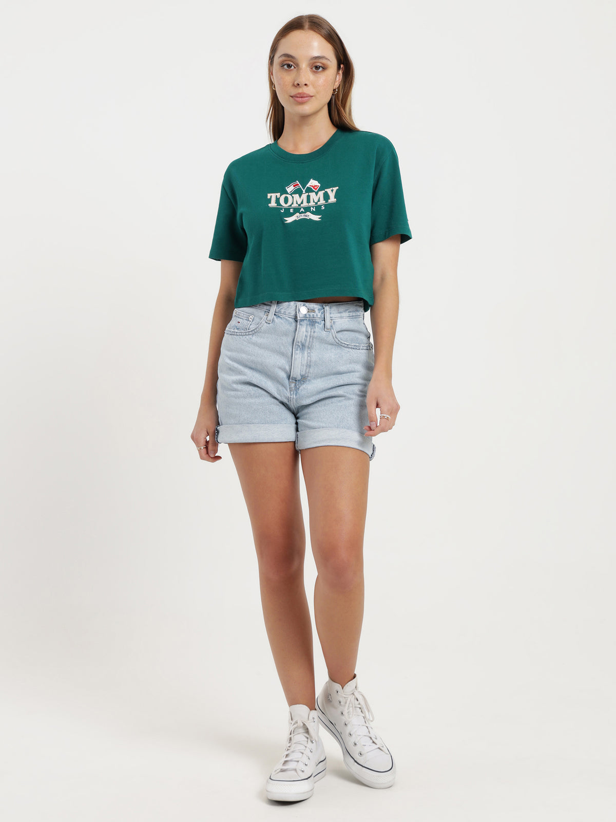 Tommy Hilfiger Super Crop T-Shirt in Dark Turf Green | Dark Green