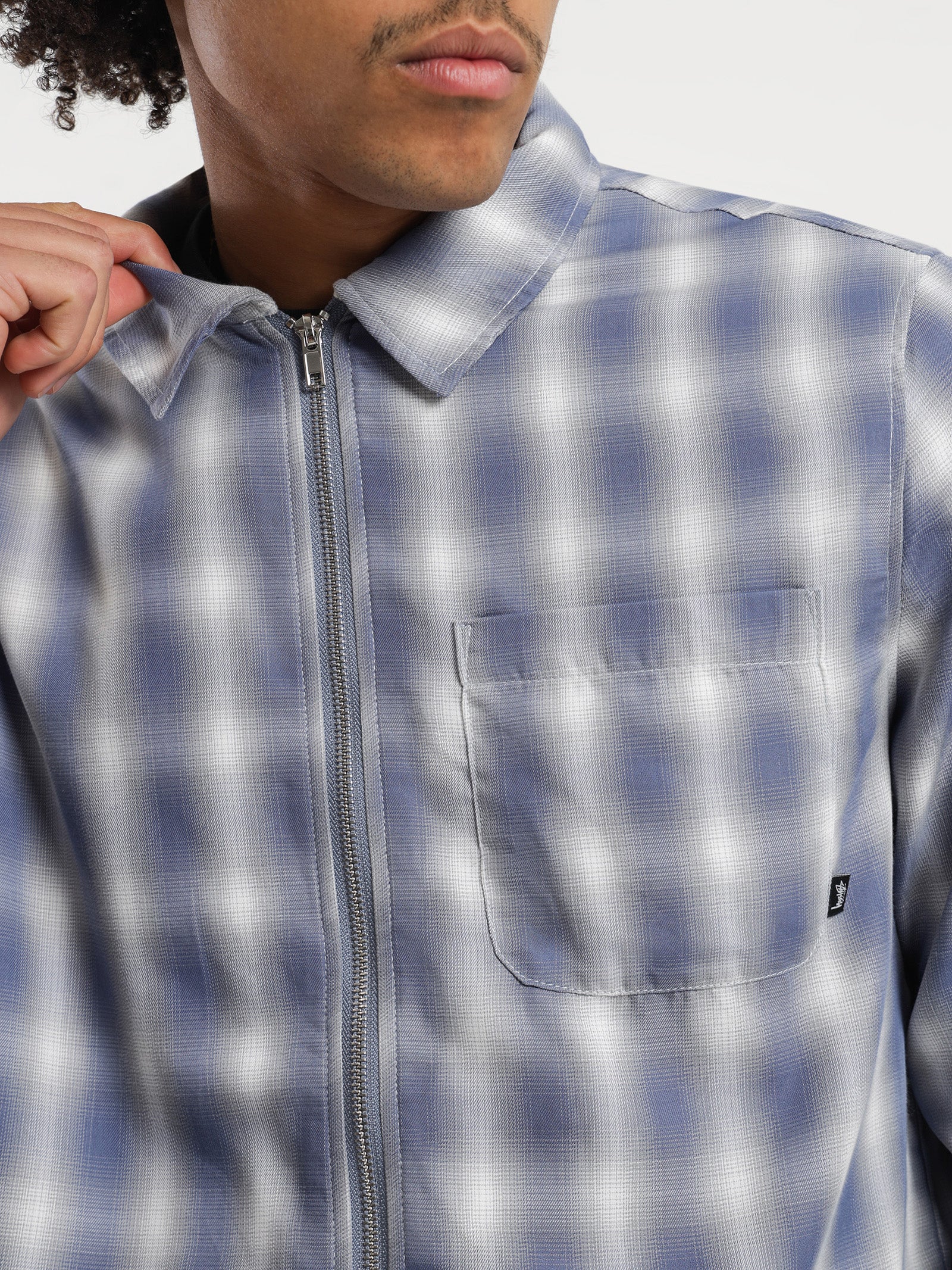 Shadow Plaid Zip Up LS Shirt in Blue - Glue Store