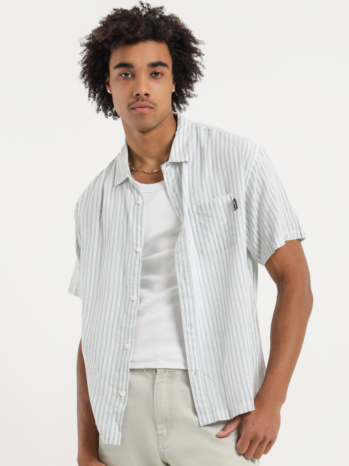 Stussy Cotton Stripe Short Sleeve Shirt in Teal | Teal