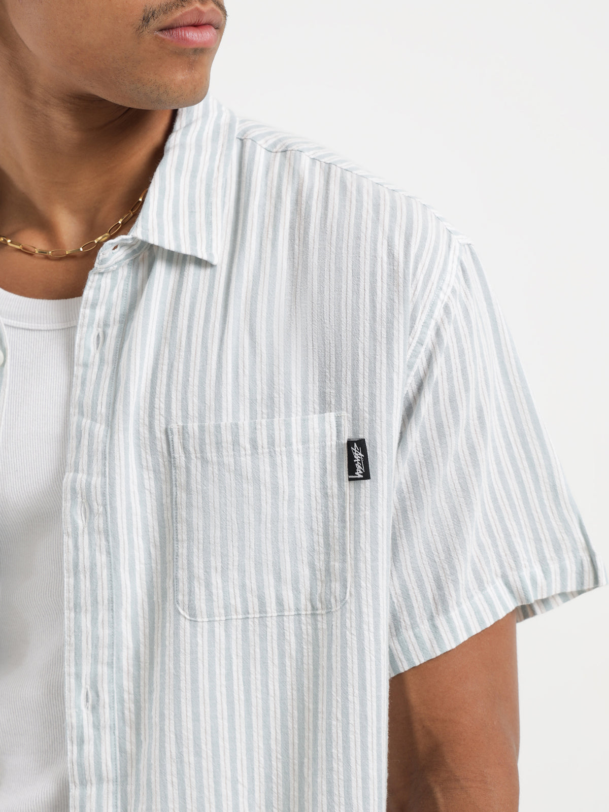 Stussy Cotton Stripe Short Sleeve Shirt in Teal | Teal